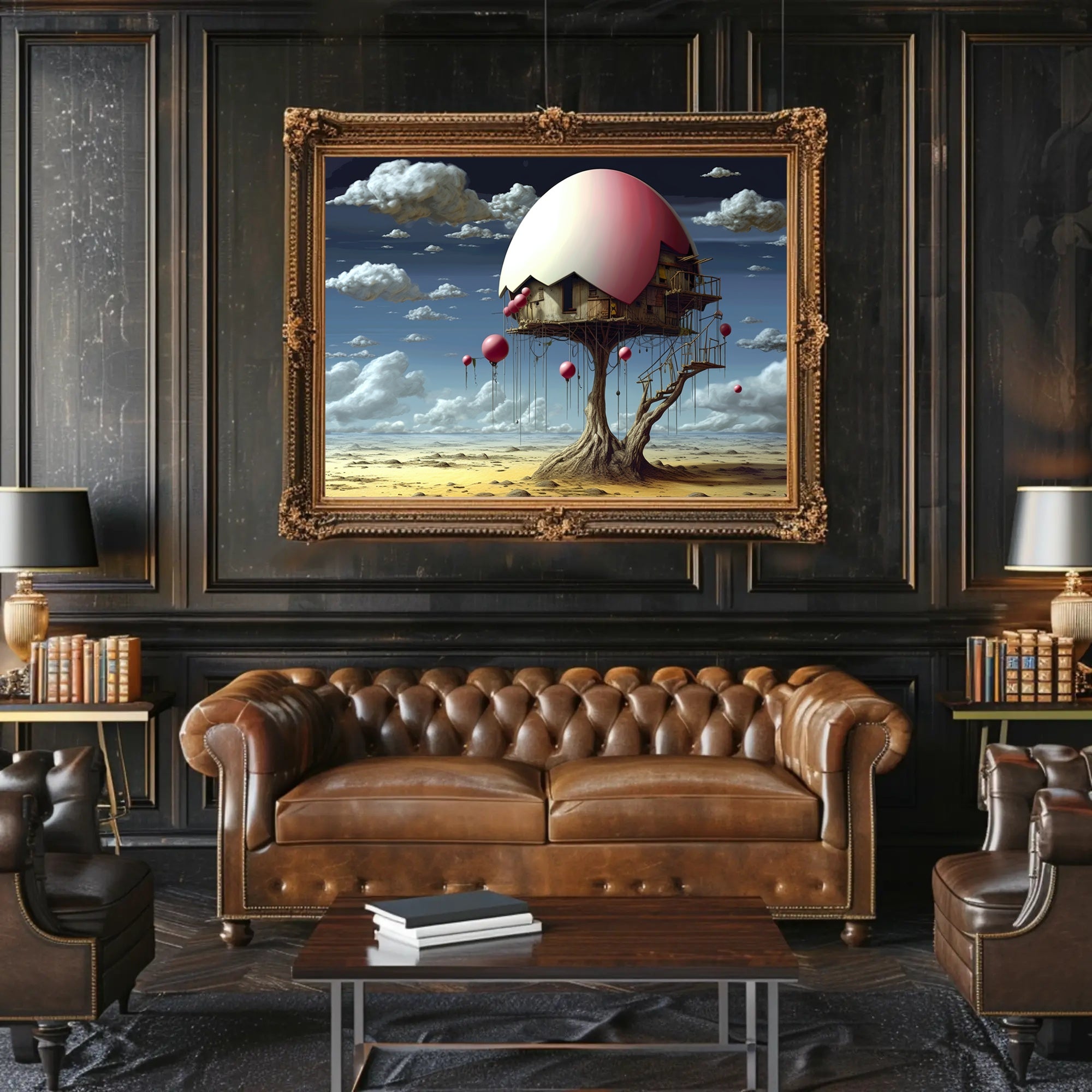 Surreal Desert House with Whimsical Balloons Artistic Poster