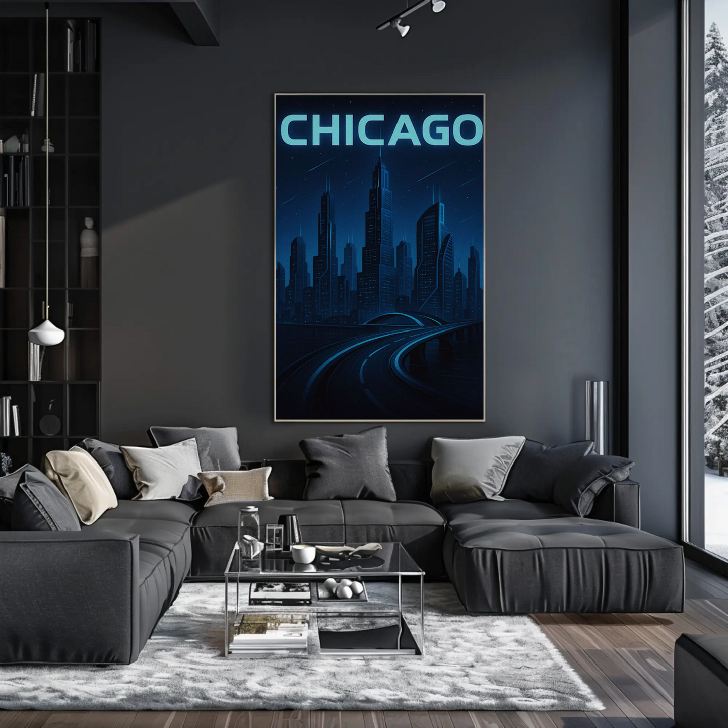 Chicago Futuristic Night Cityscape Blue Lights Travel Poster