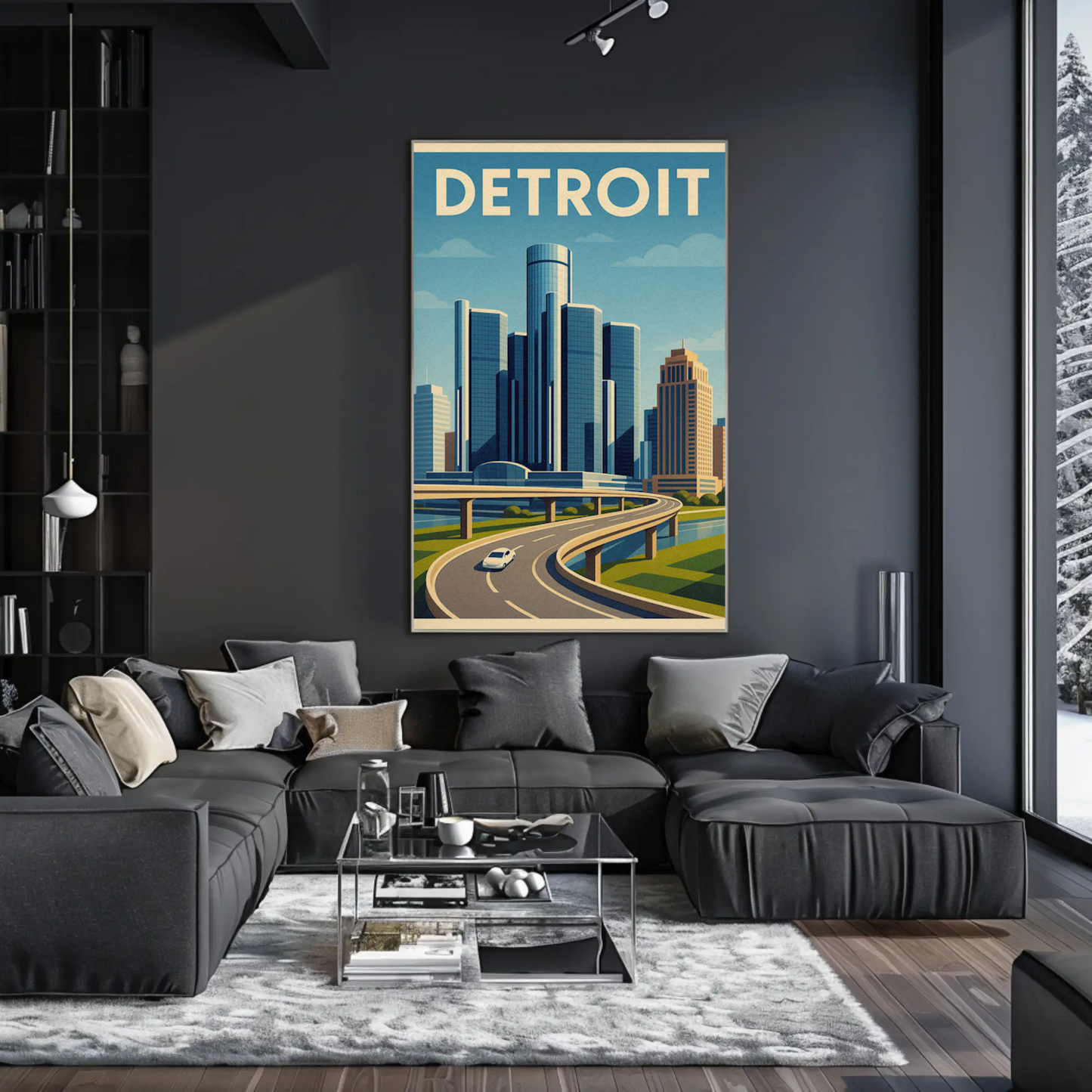 Detroit Highway View Modern Skyline Travel Poster