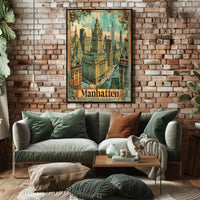 Vintage Manhattan Skyscrapers Nostalgic Urban Art Poster