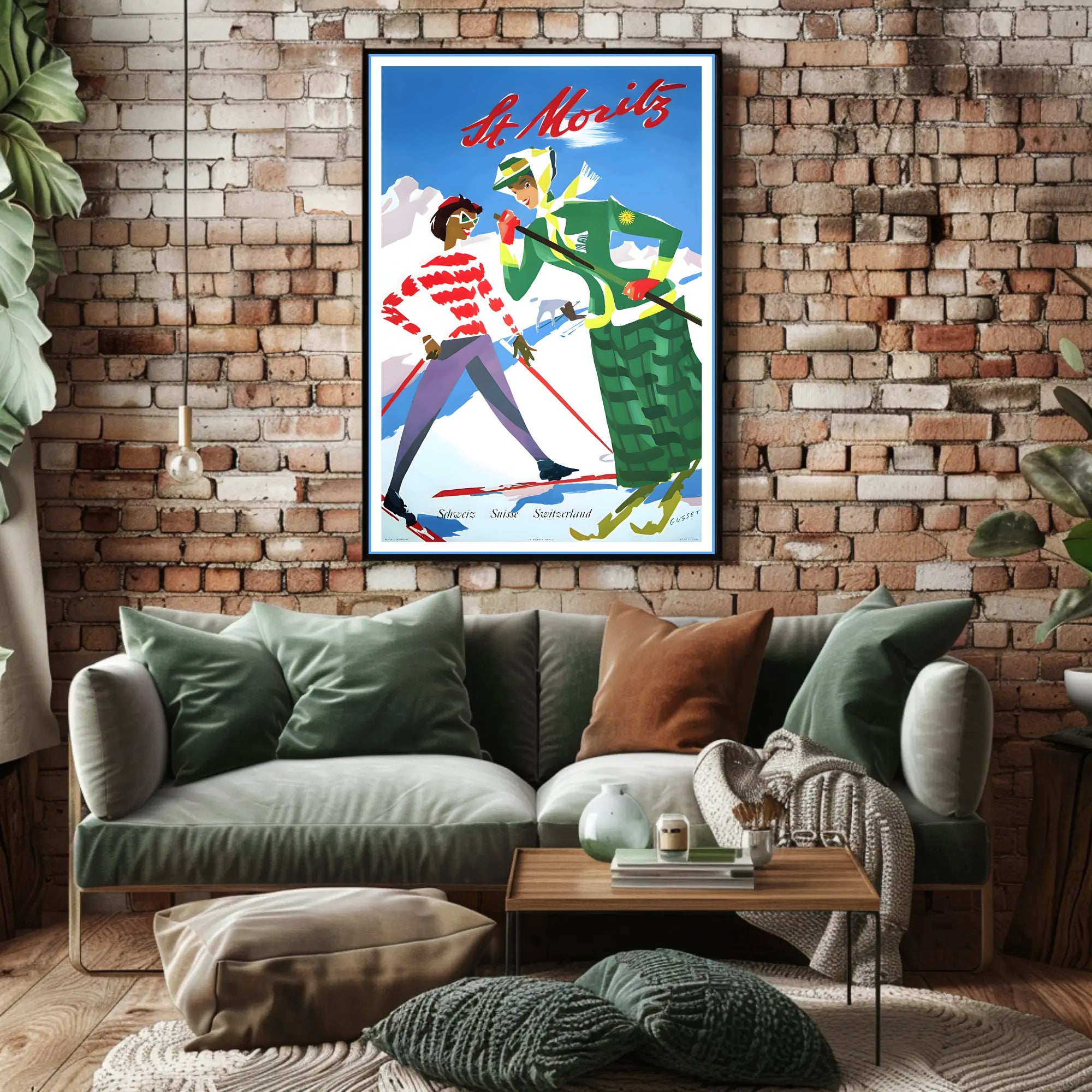 Vintage St. Moritz Skiers Travel Poster PosterGoat