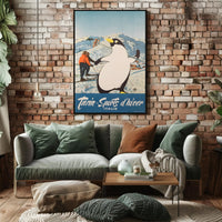 Winter Sports Fun Poster with Playful Penguin: Travel Poster PosterGoat