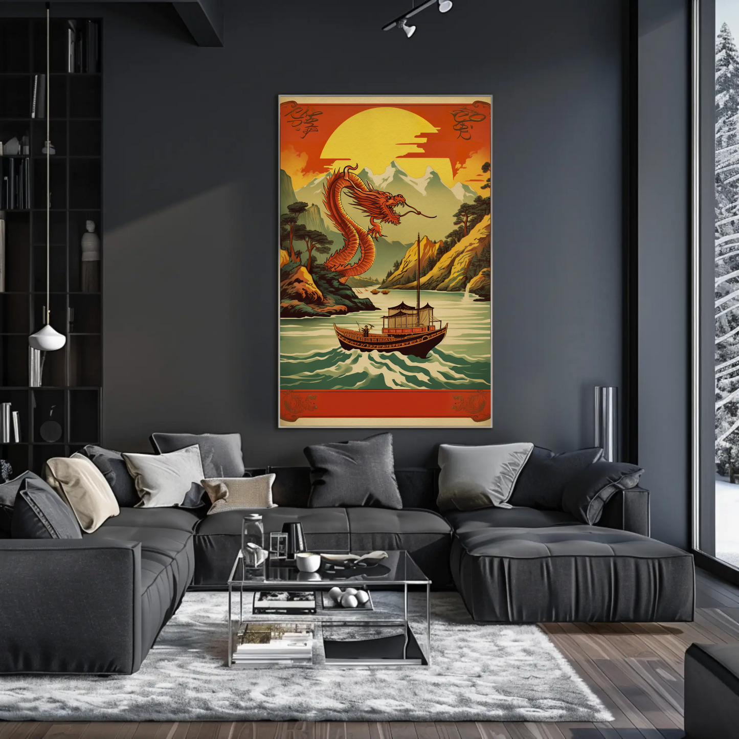 China Dragon River Boat Mountain Sunset Travel Poster