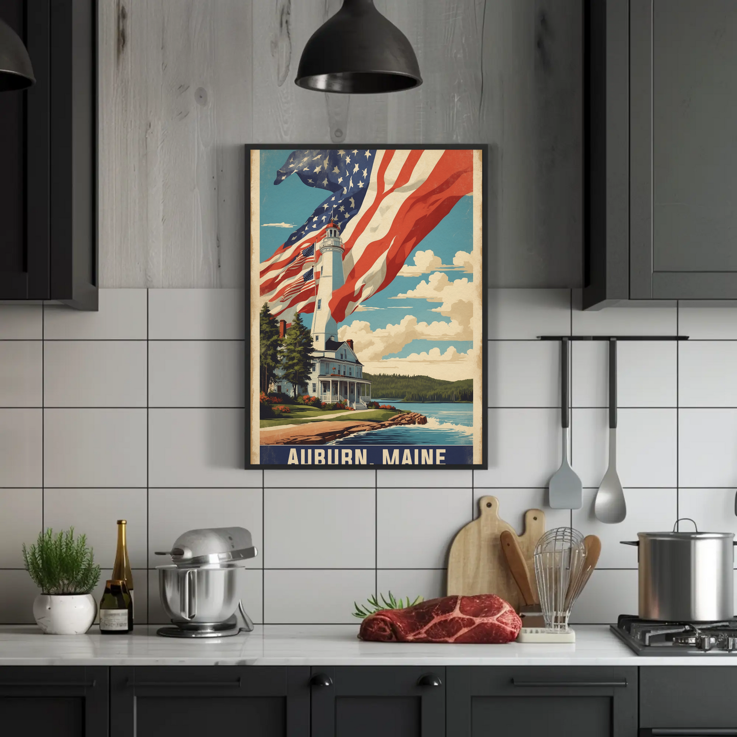 Auburn Maine Lighthouse Coastal Home Vintage Travel Poster