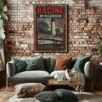 Racine Lighthouse Vintage Travel Mid Century Retro Coastal Scenic Autumn Harbor Light Poster