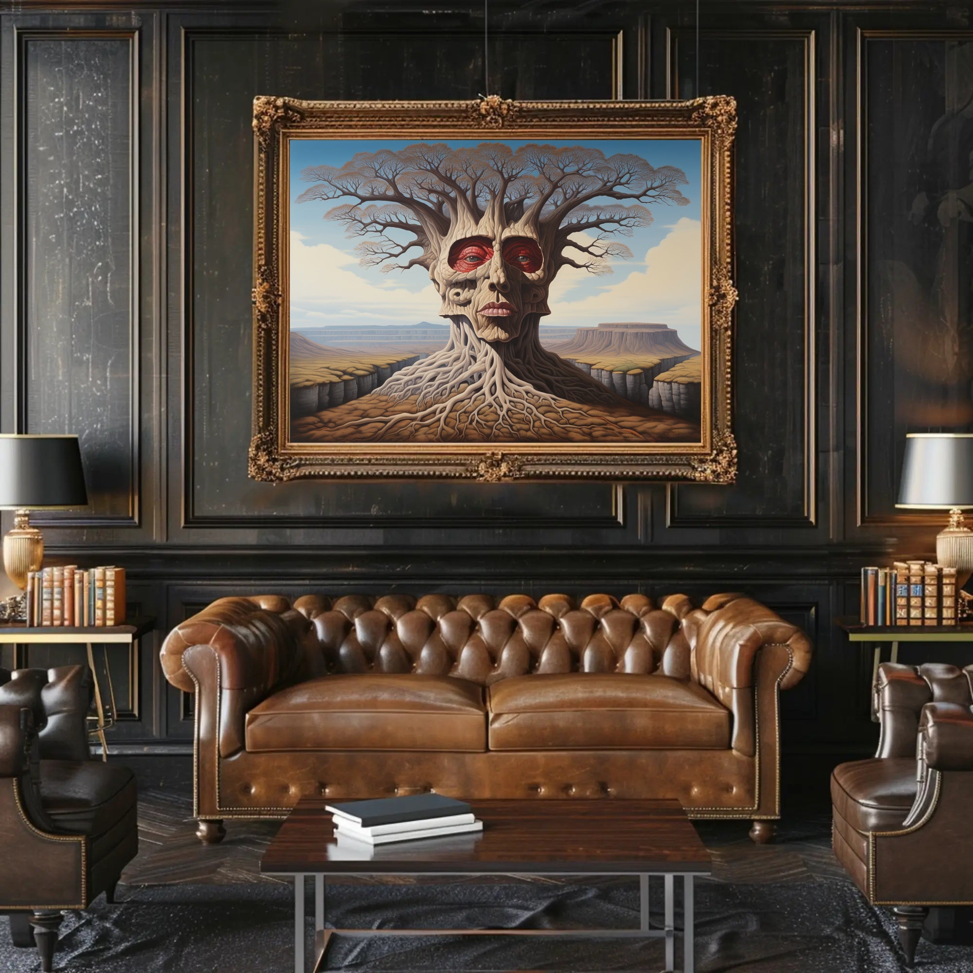 Surreal Tree Face in a Mystical Desert: Artistic Poster