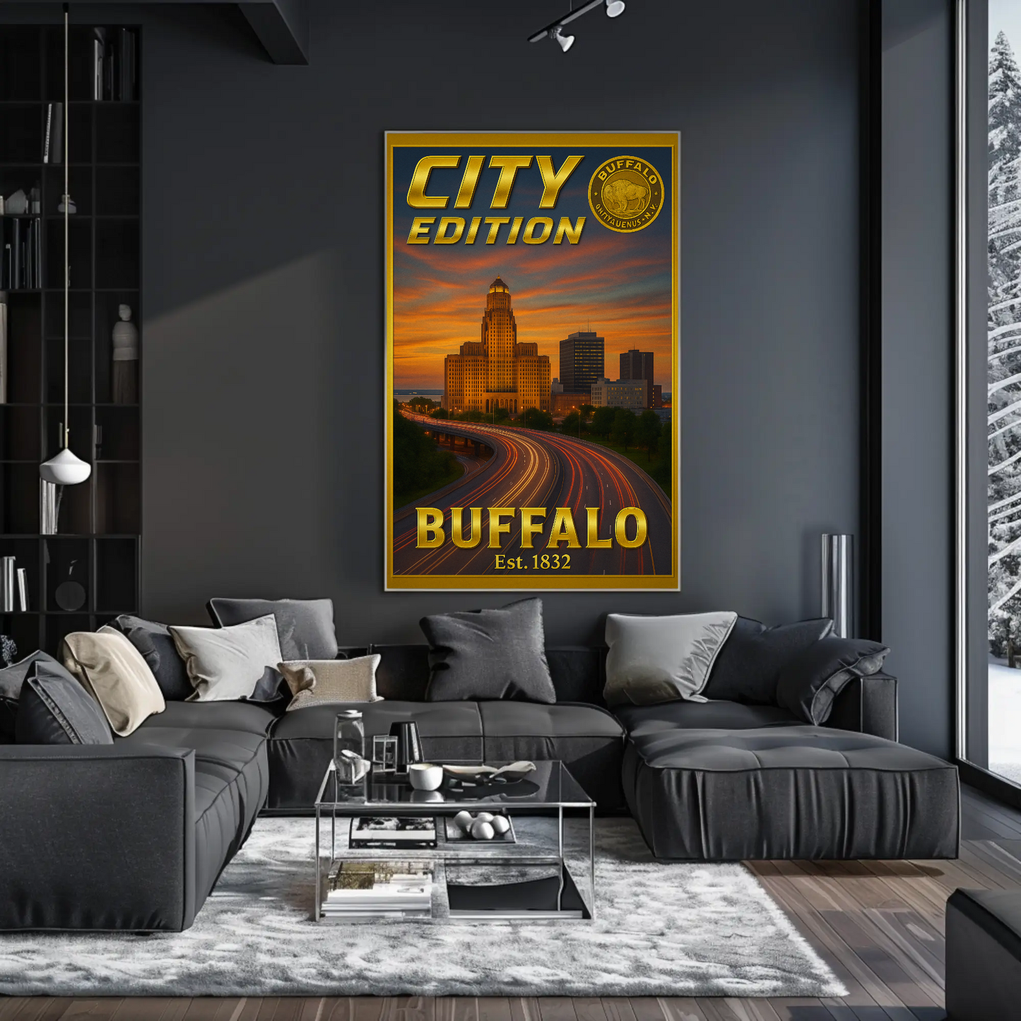 Buffalo New York Skyline Highway Sunset Poster Poster