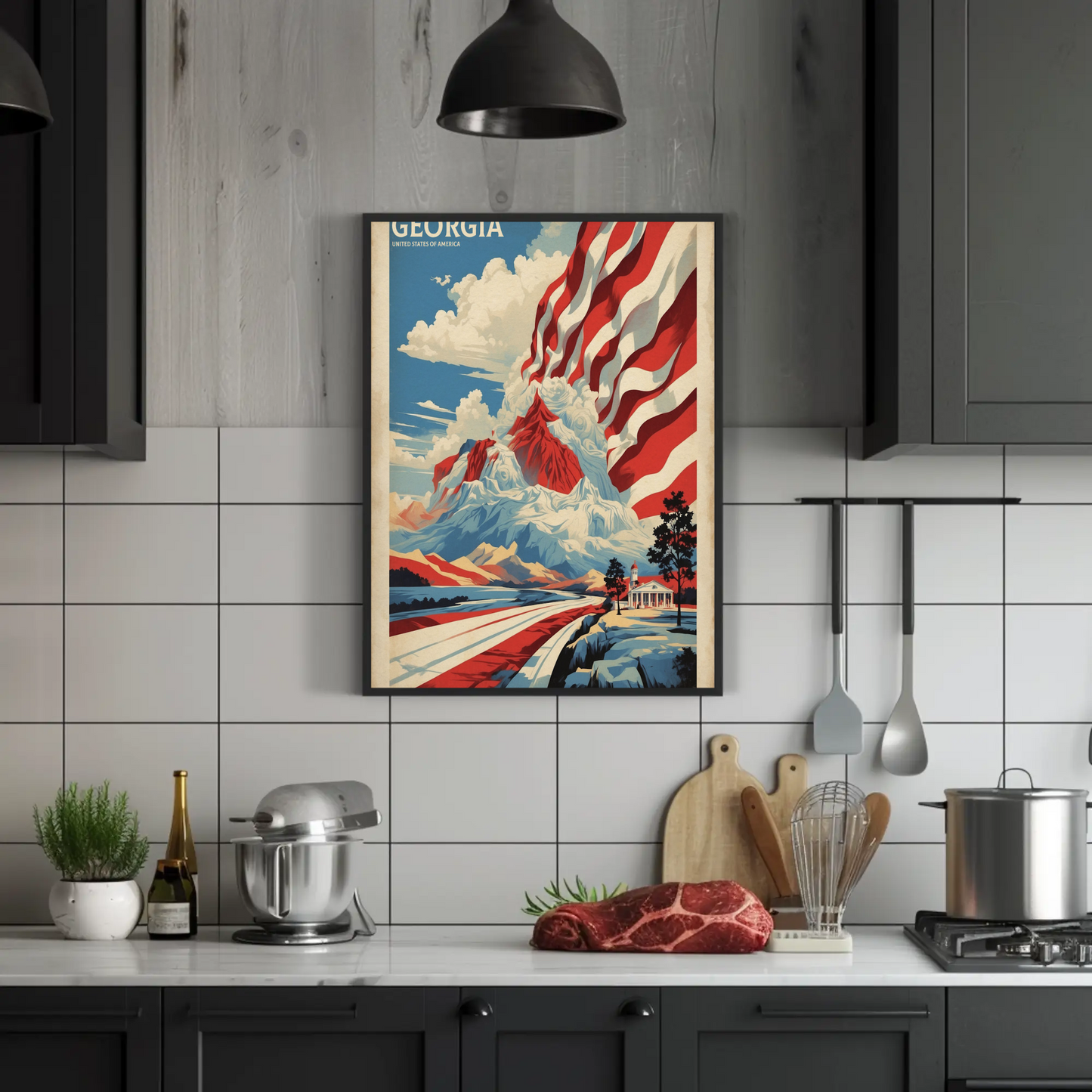 Georgia Mountain Flag Landscape Vintage Travel Poster