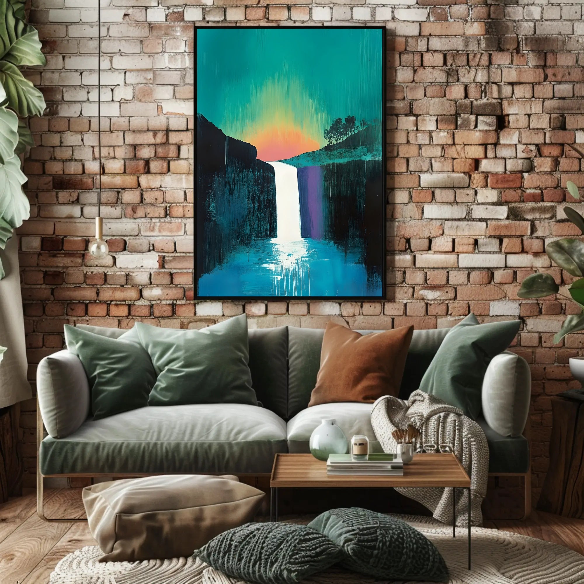 Abstract Waterfall Sunset Poster Modern Wall Art