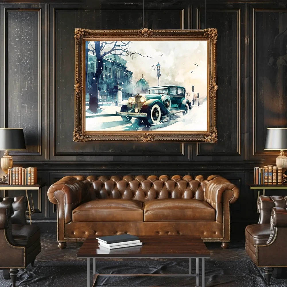 Vintage Winter Car Scene: Nostalgic Urban Elegance Poster