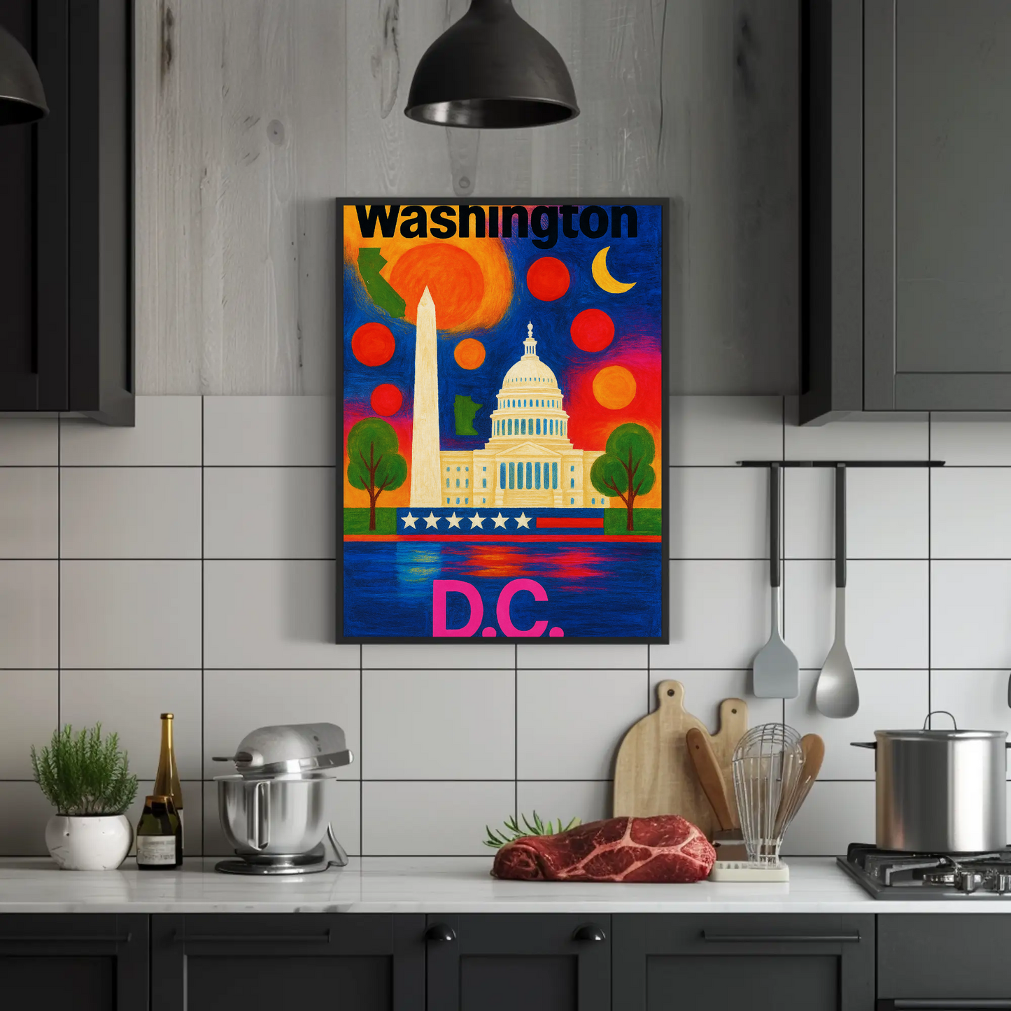 Washington DC Capitol Monument Patriotic Night Vintage Travel Poster