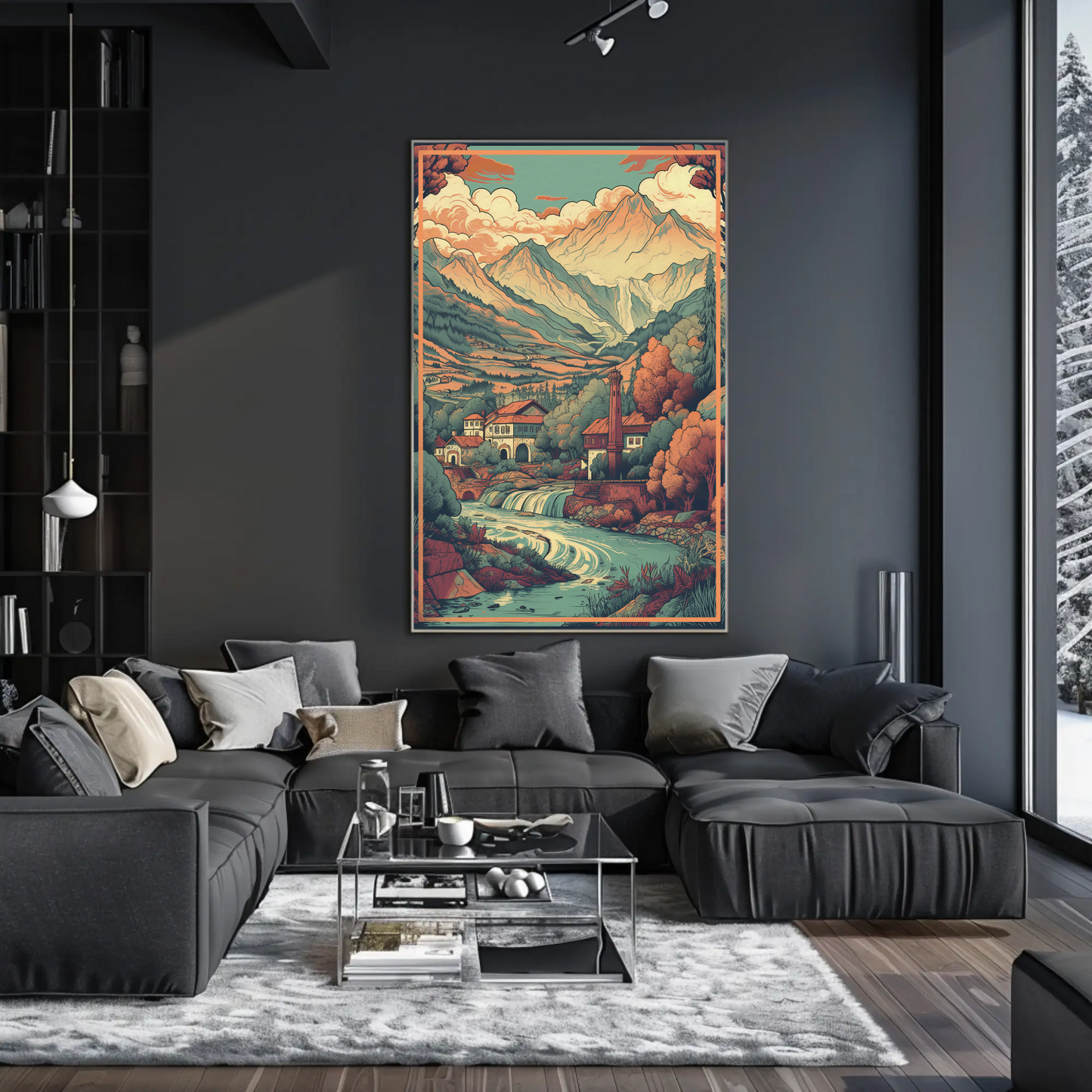 Alpine Village Waterfall And Peaks Travel Poster
