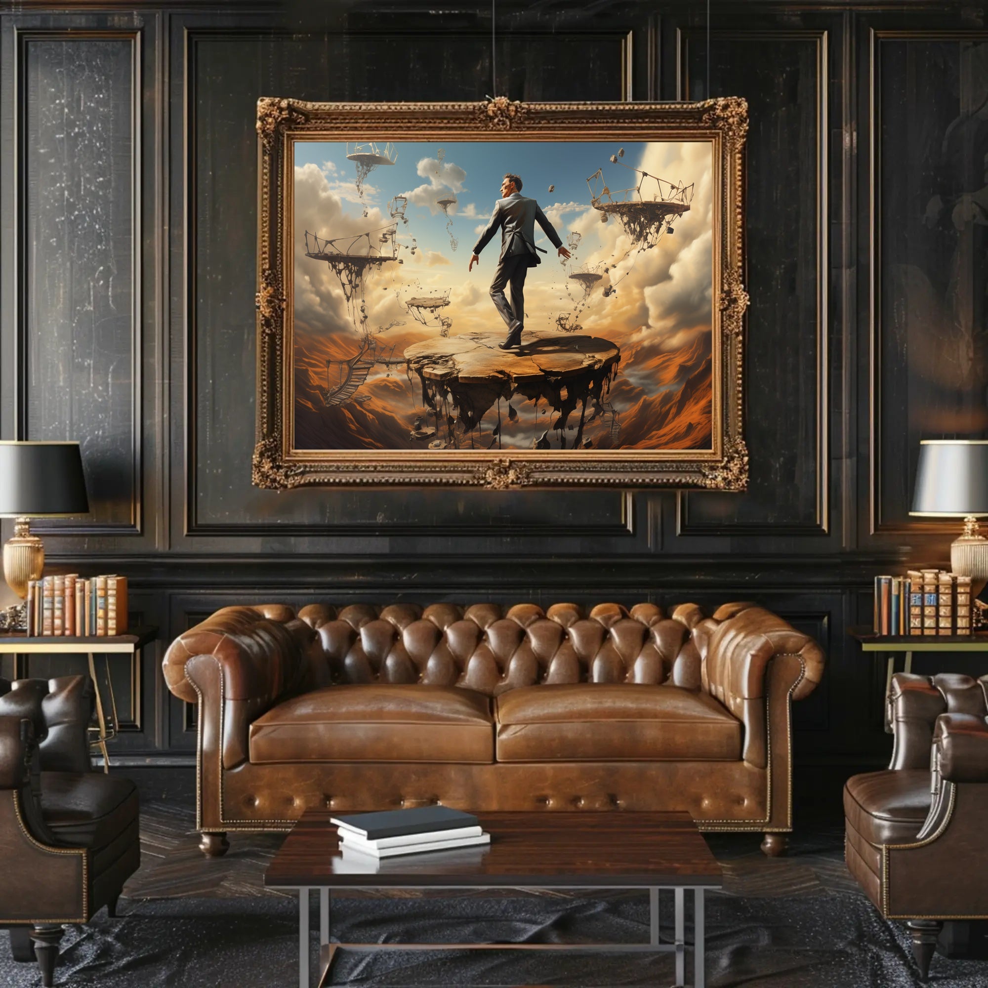 Surreal Suit Man on Broken Platforms Artistic Poster