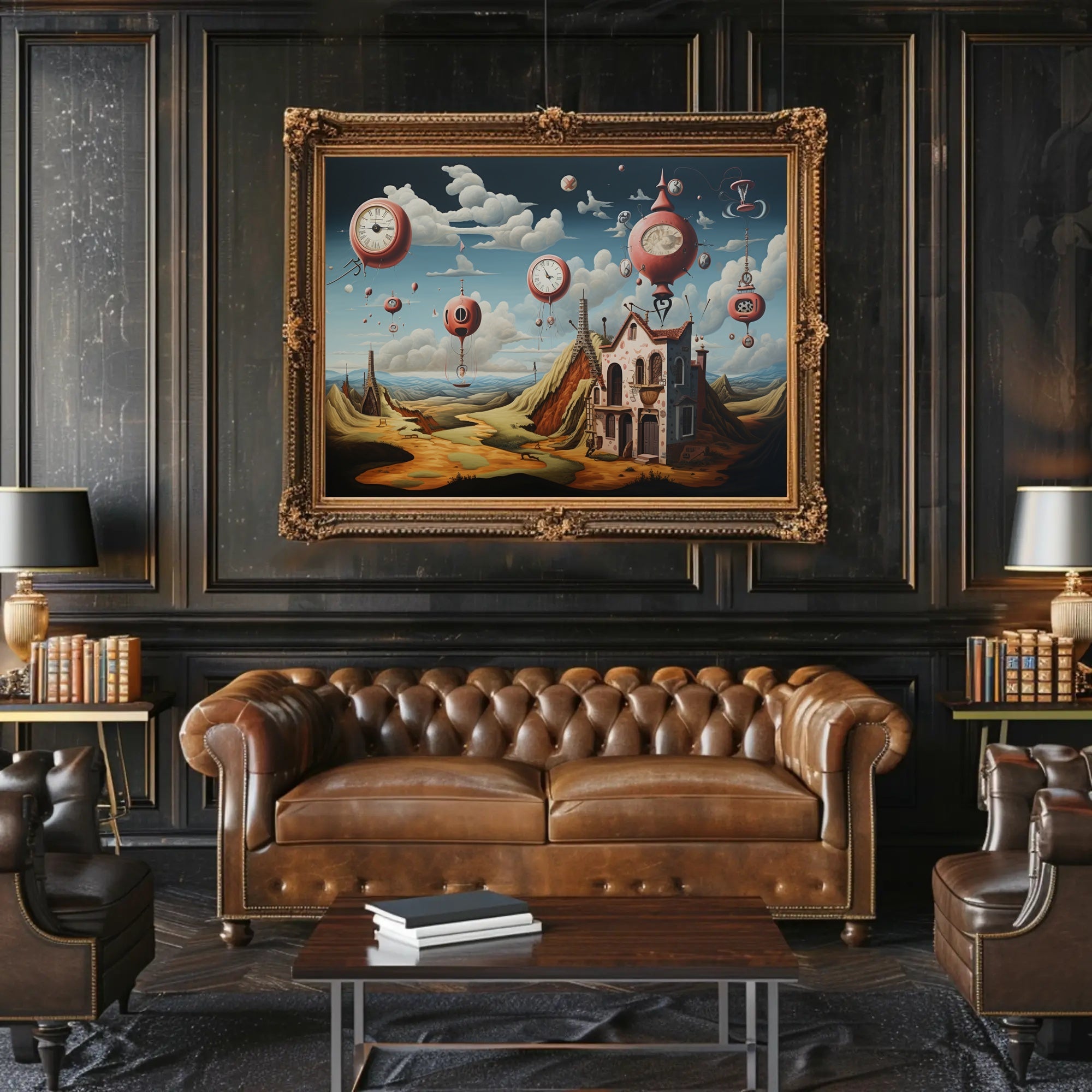 Surreal Dreamscape with Floating Clocks Fantasy Poster