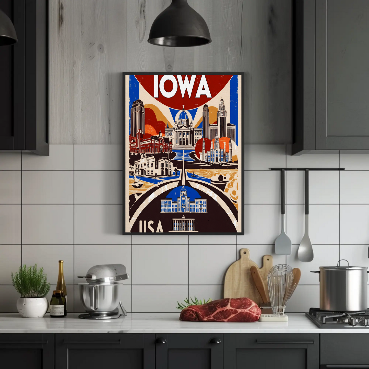 Iowa USA Civic Dome And Skyline Vintage Maroon Travel Poster