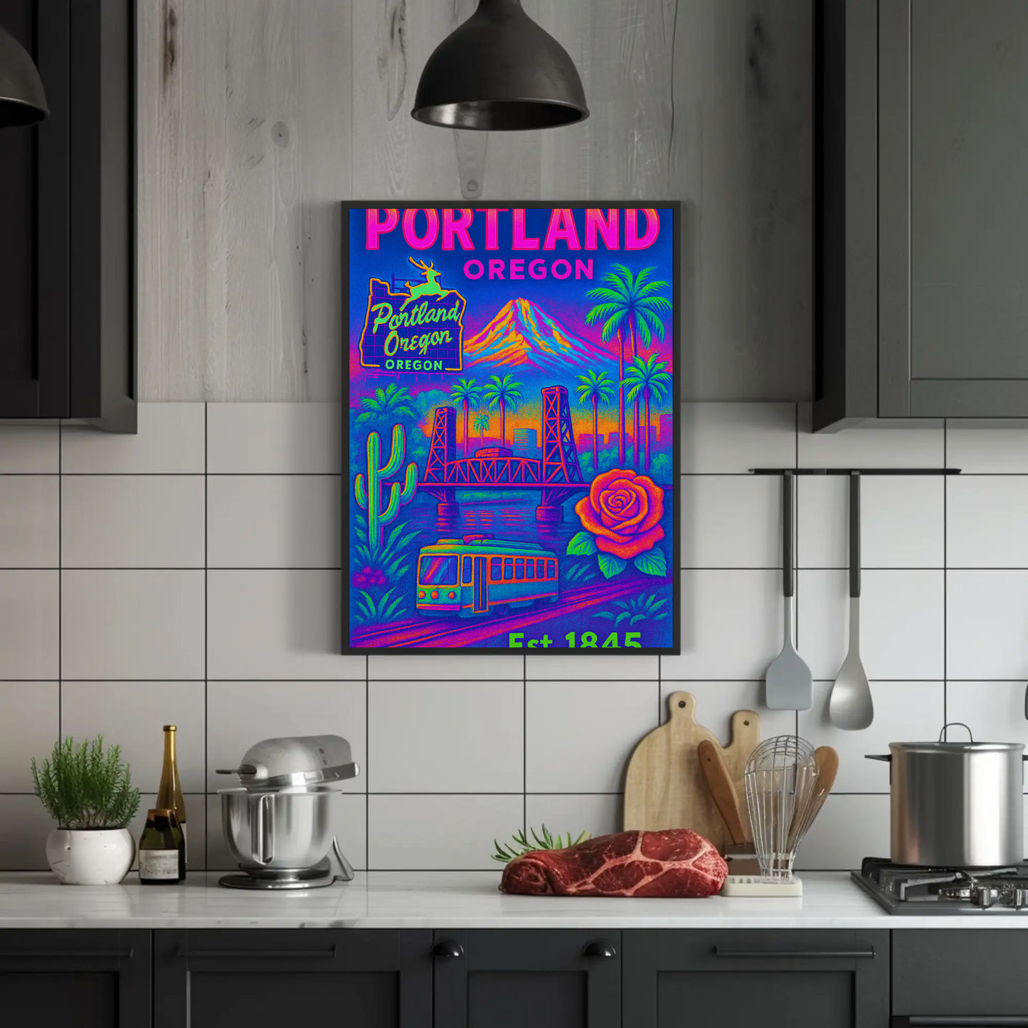 Portland Oregon Rose Bridge Mountain Vintage Travel Poster