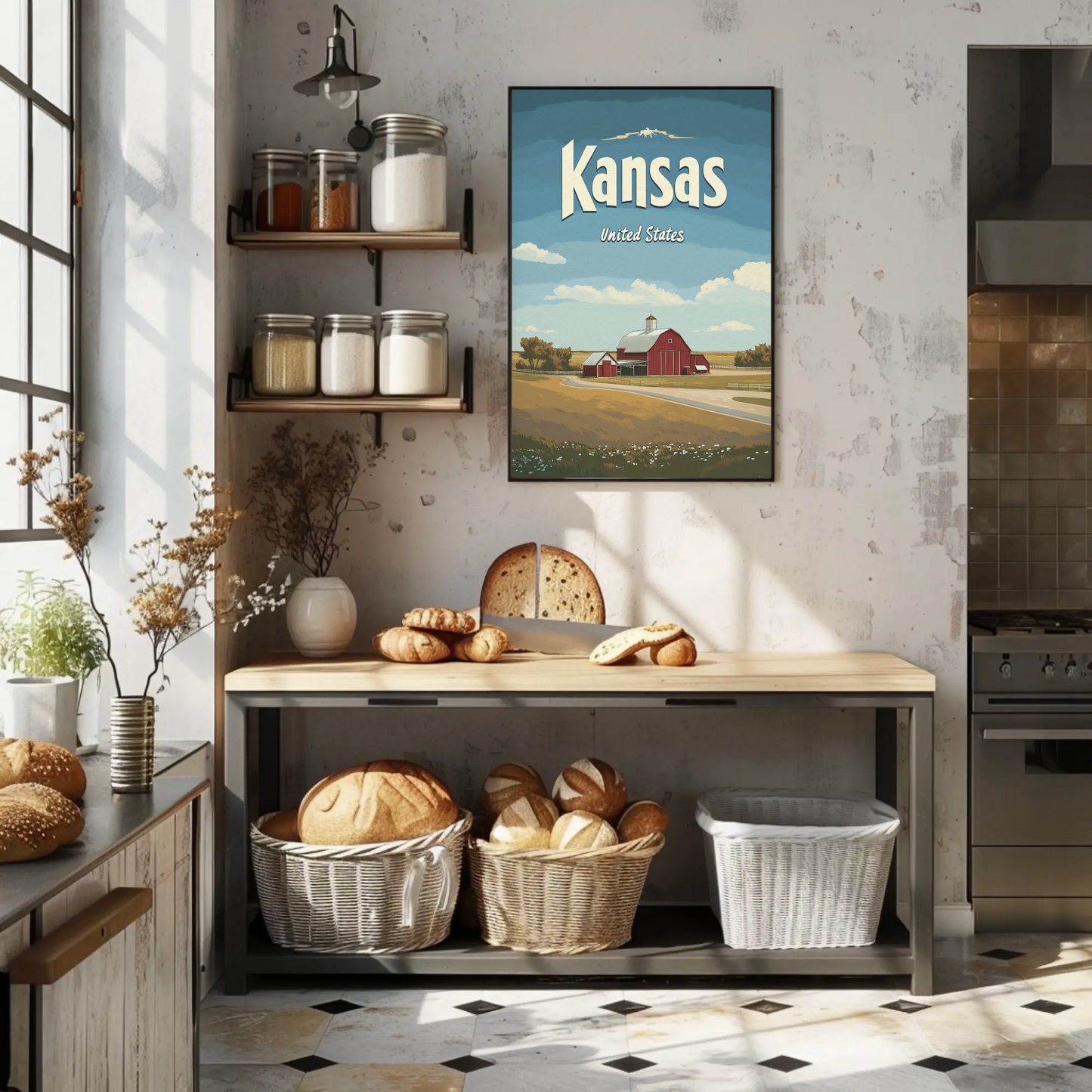 Kansas Farmstead Flat Design Vintage Poster