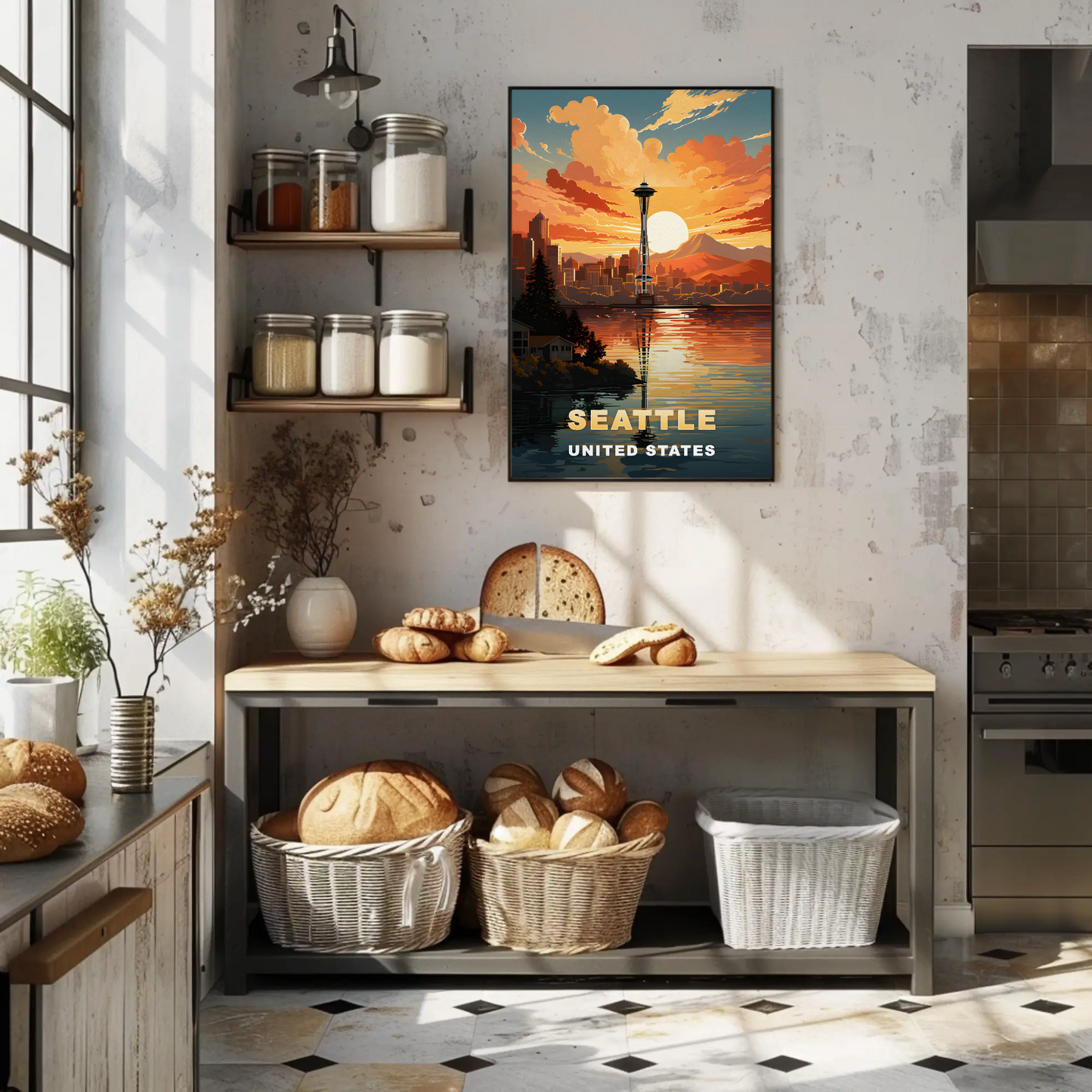 Seattle Washington Space Needle Sunset Vintage Travel Poster