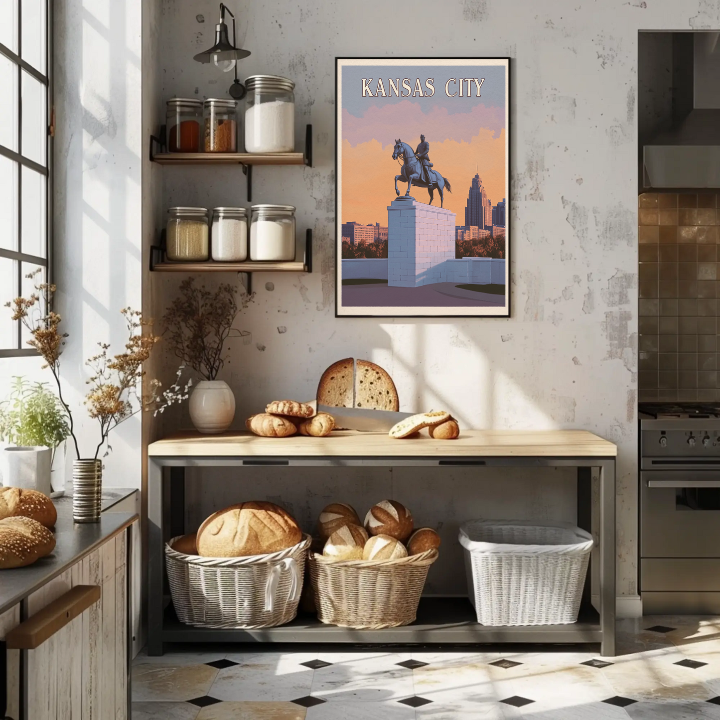 Kansas City Vintage Poster Sunset Statue