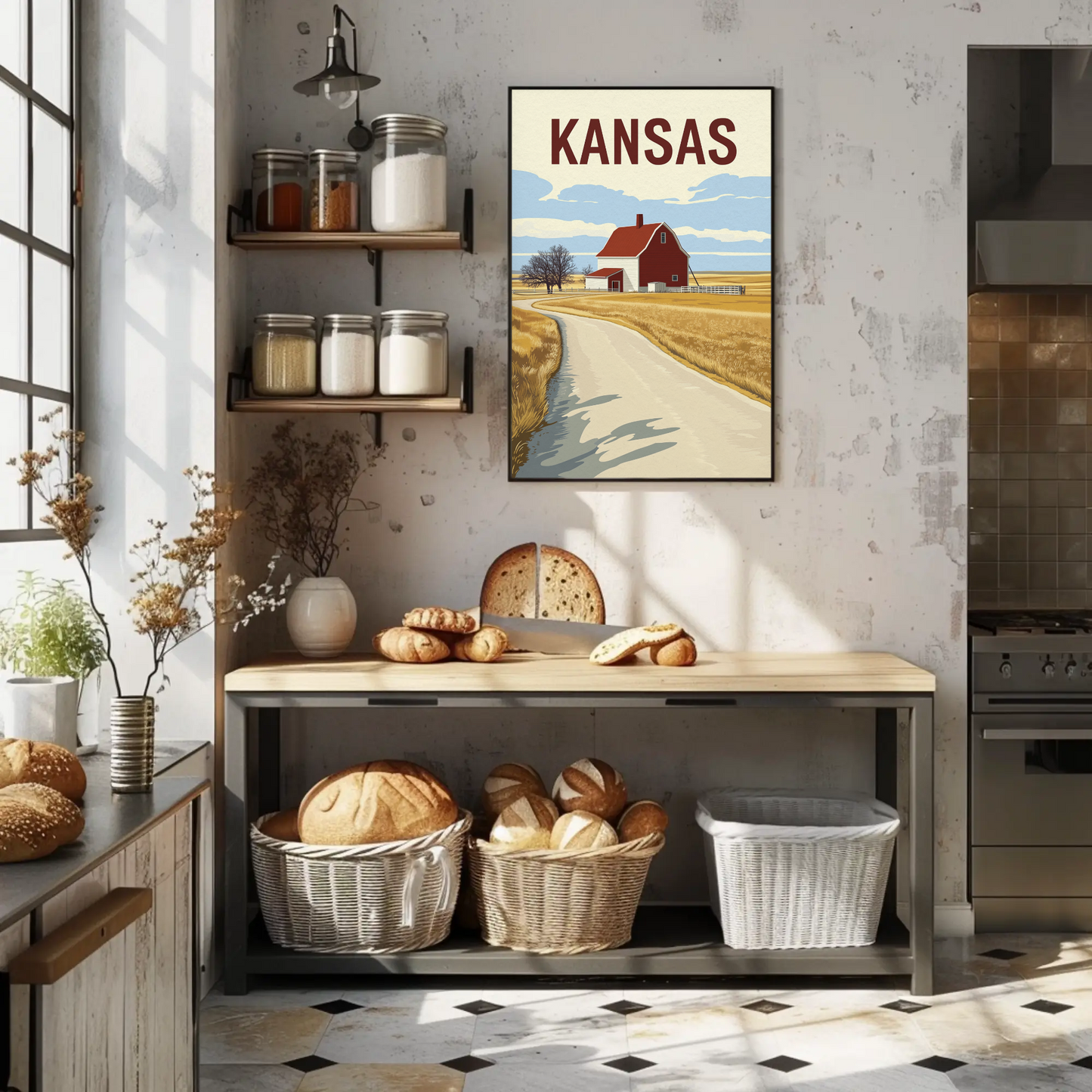 Kansas Barn Roadscape Vintage Poster