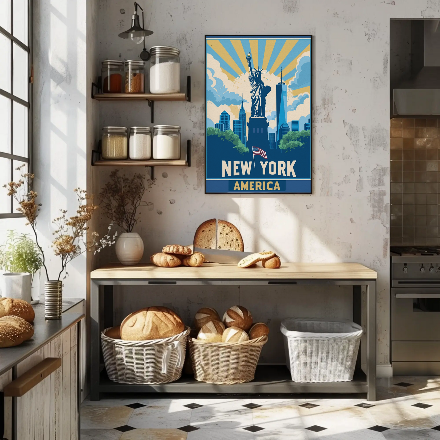 New York America Skyline Liberty Sunrise Vintage Travel Poster