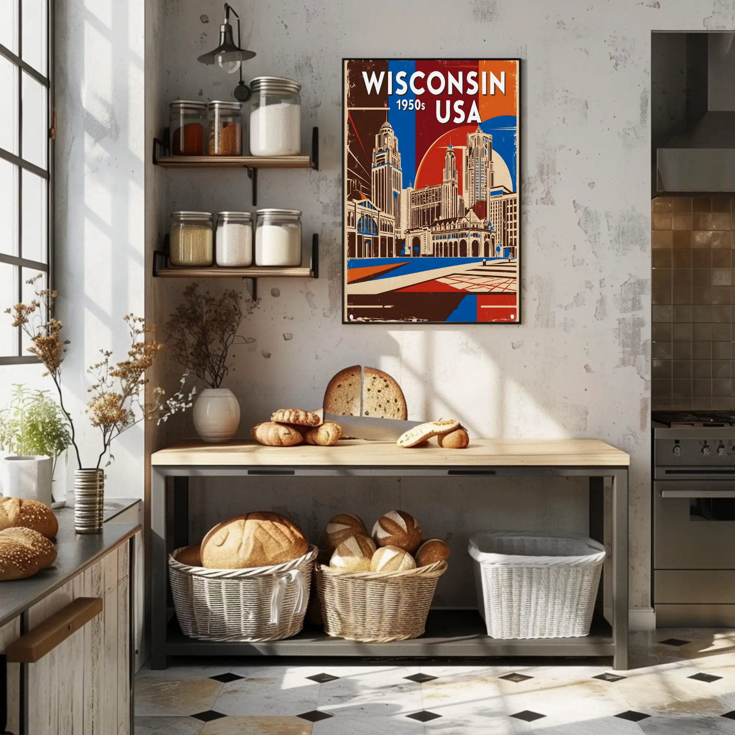 Wisconsin USA 1950s Urban Skyline Vintage Travel Poster
