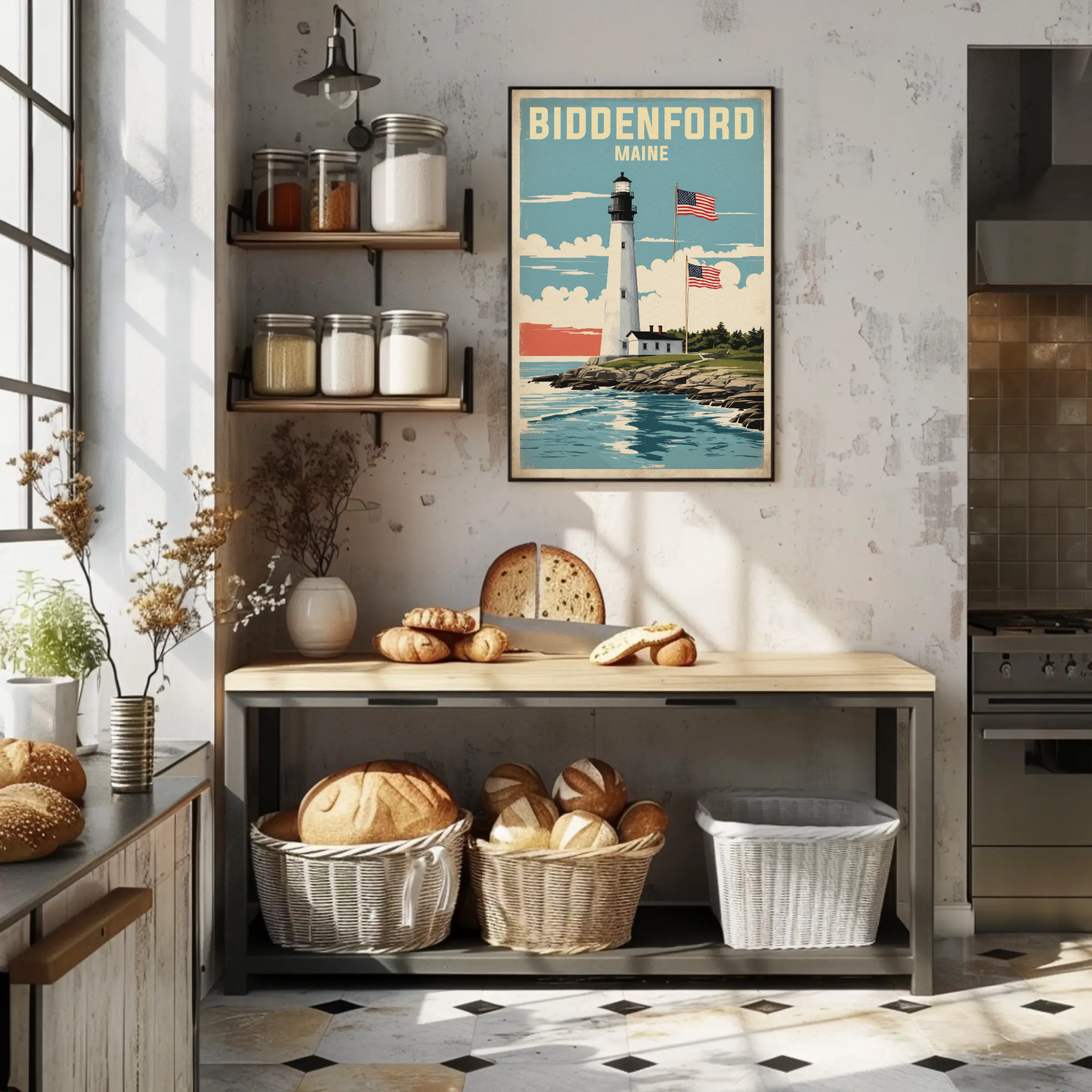 Biddeford Maine Seaside Lighthouse Vintage Travel Poster