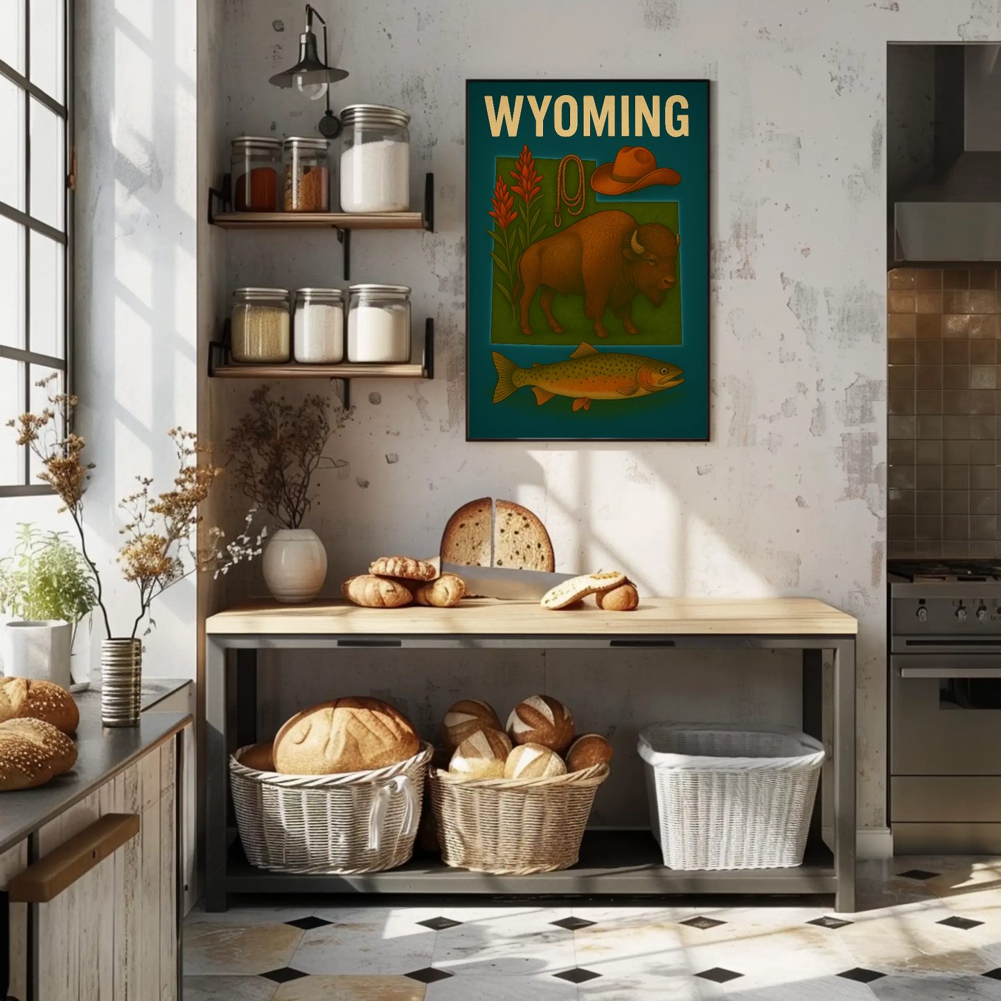 Wyoming Bison Fish Rope Hat Nature Vintage Travel Poster