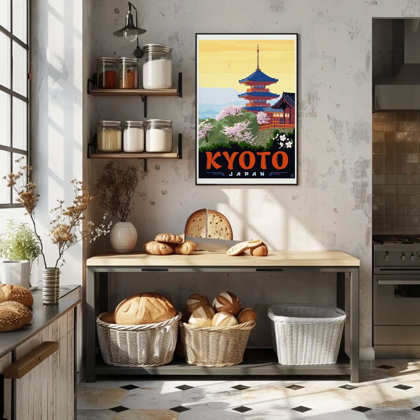 Kyoto Japan Pagoda Cherry Blossoms Temple Scene Vintage Travel Poster