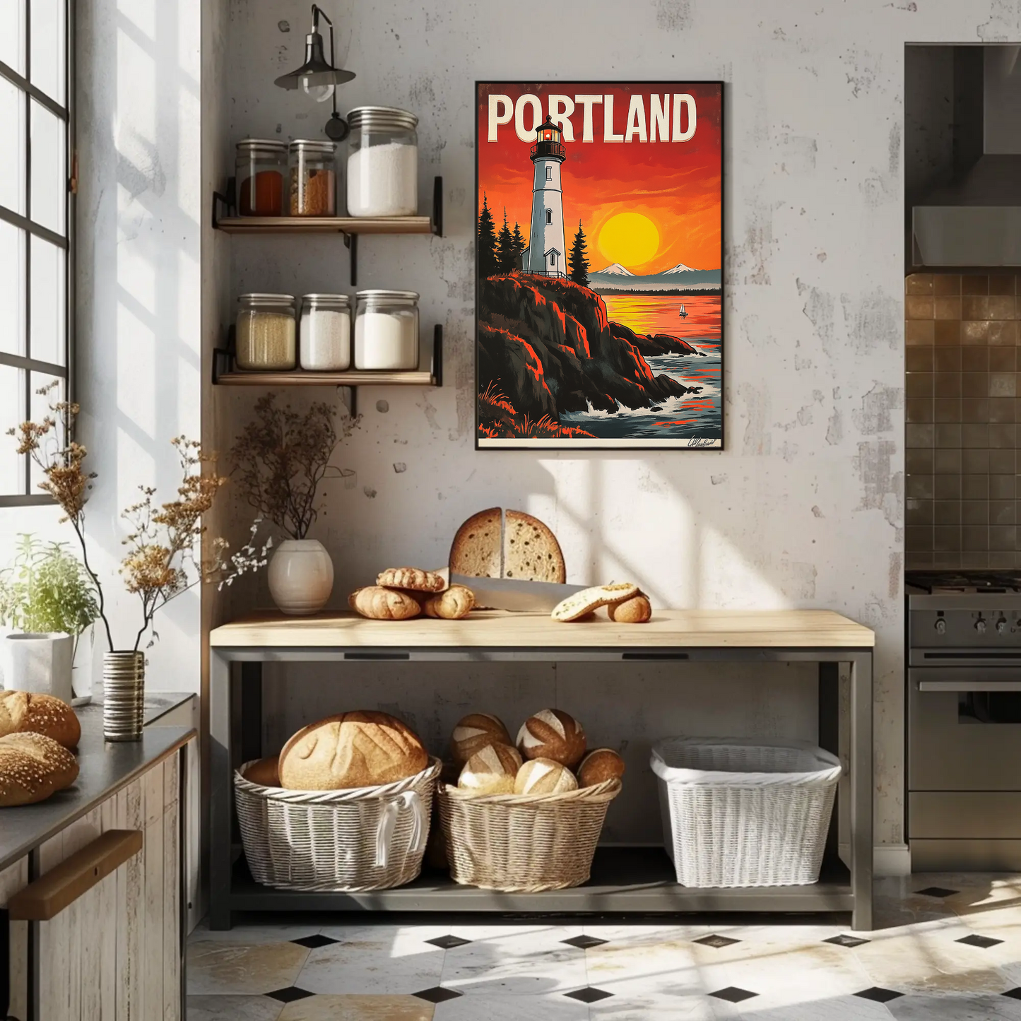Portland Vintage Poster - Lighthouse at Sunset
