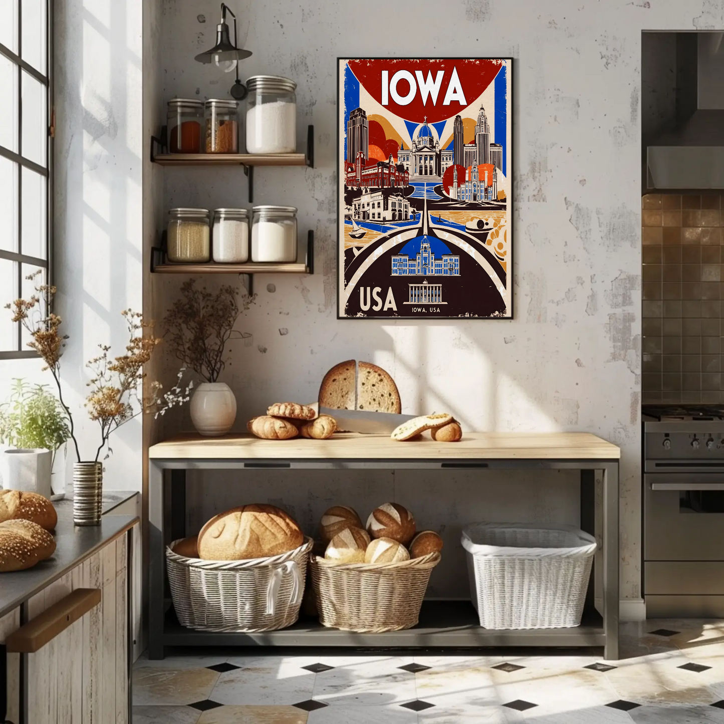 Iowa USA Civic Dome And Skyline Vintage Maroon Travel Poster
