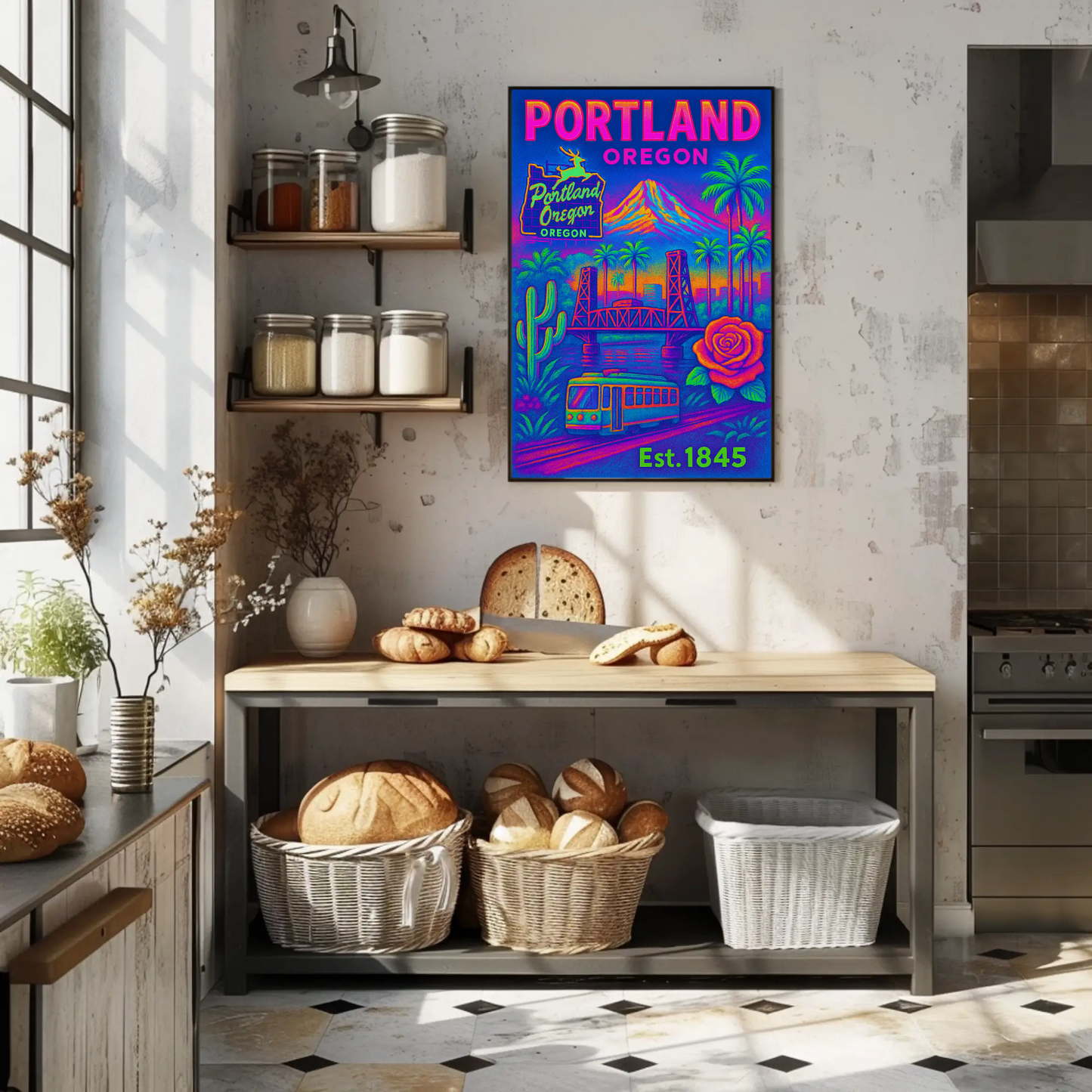 Portland Oregon Rose Bridge Mountain Vintage Travel Poster