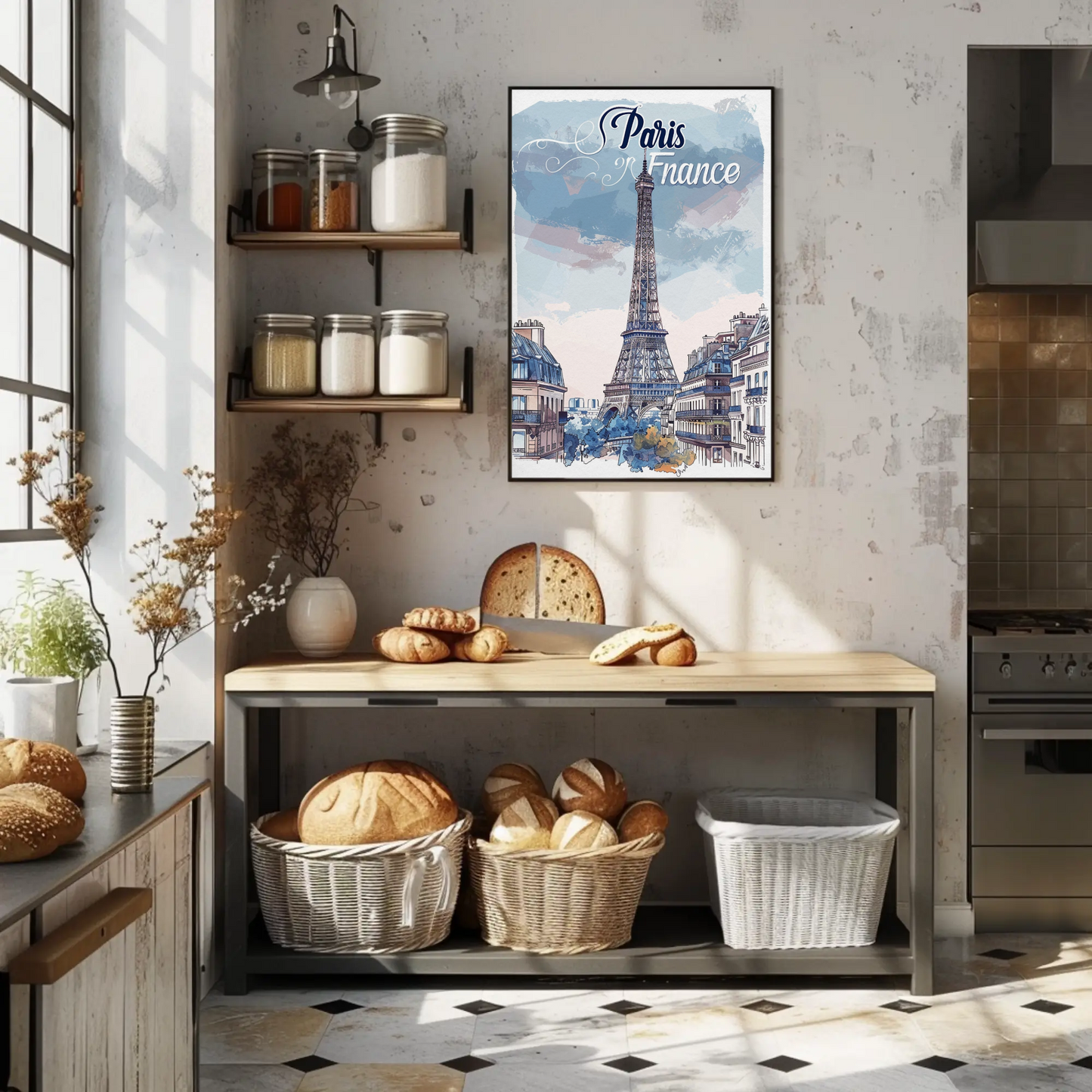 Paris France Watercolor Eiffel Tower View