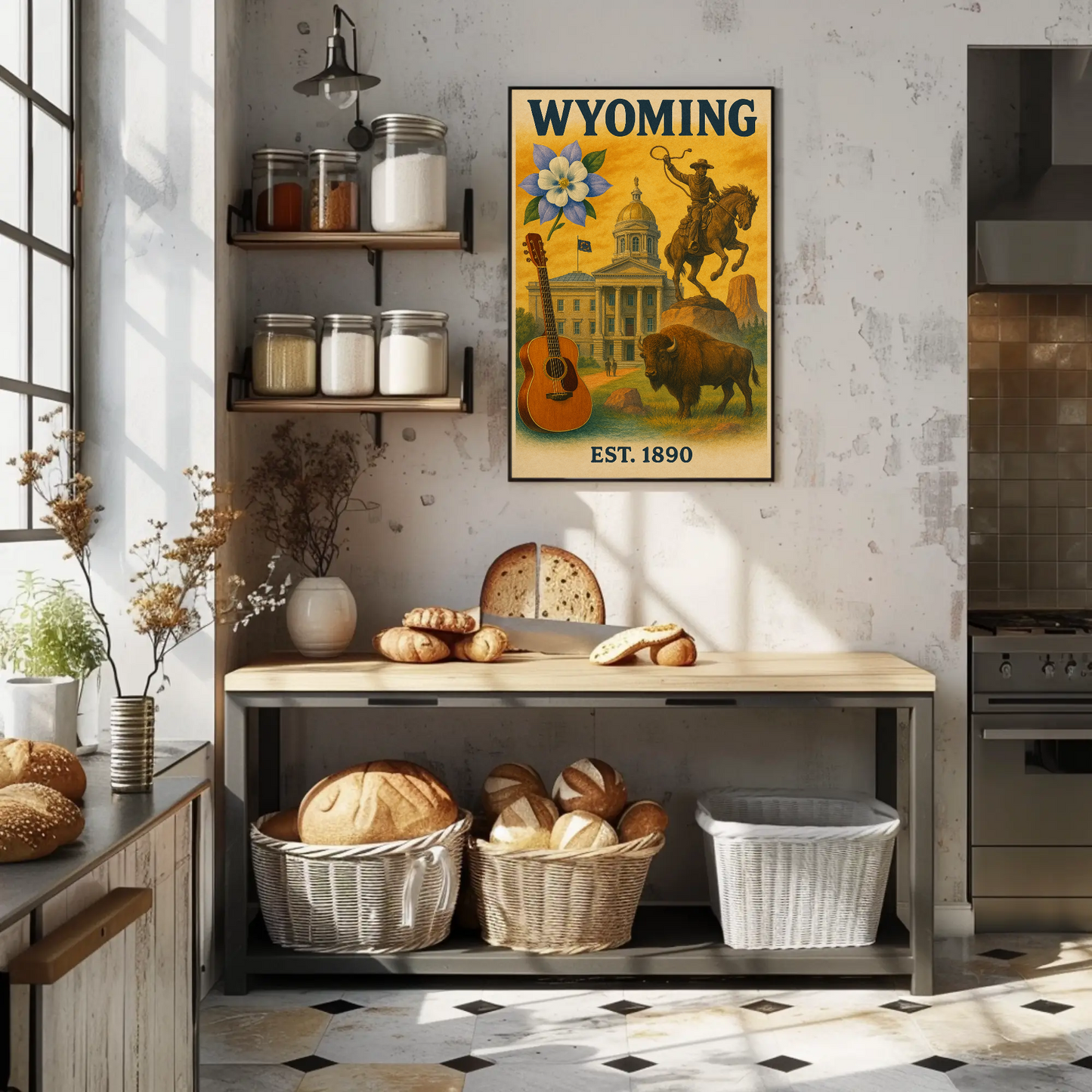Wyoming Capitol Rodeo Guitar Bison Flower Vintage Travel Poster