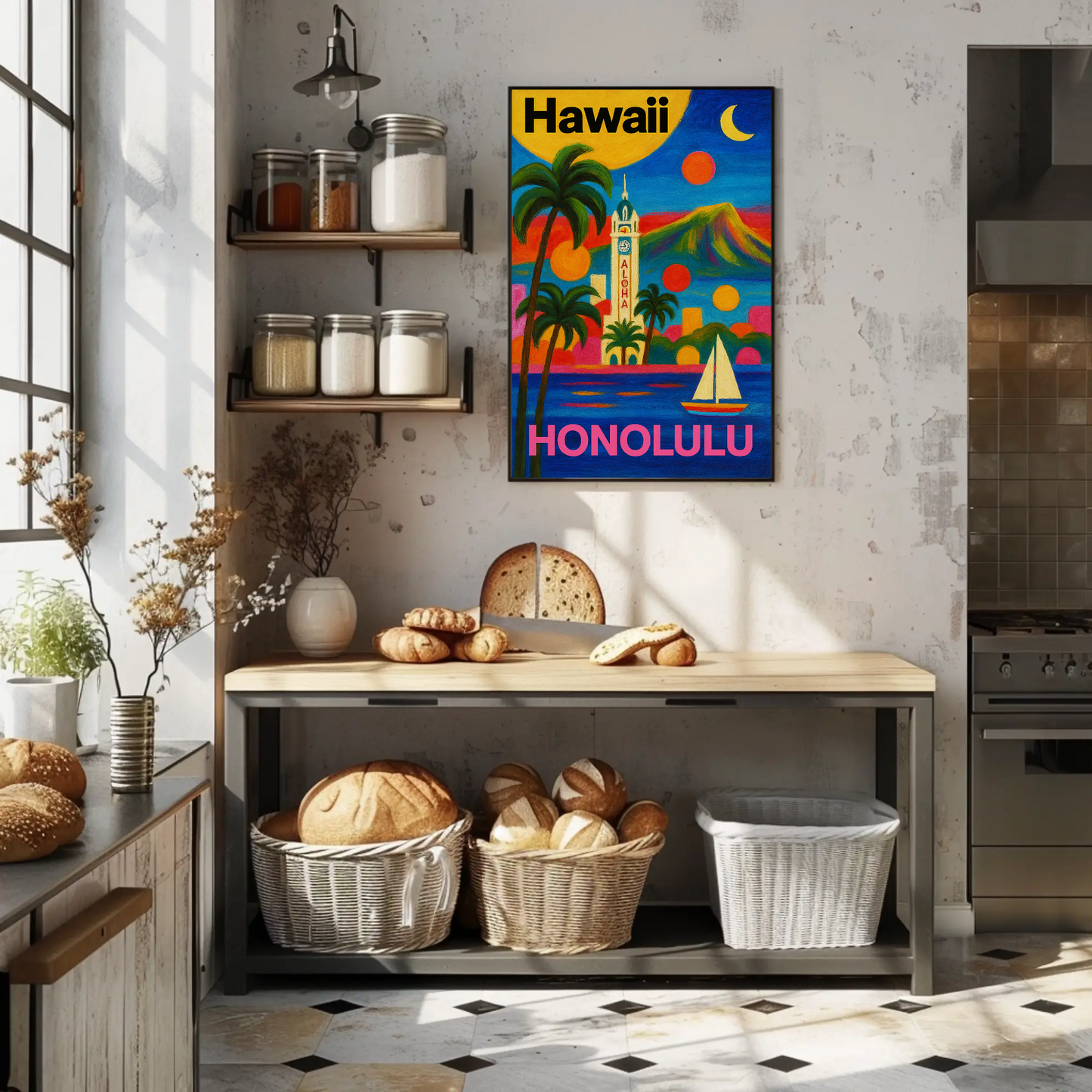 Honolulu Hawaii Skyline Retro Vintage Travel Poster