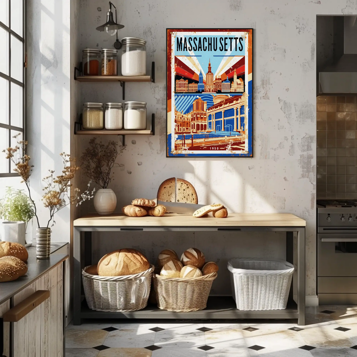 Massachusetts USA 1950 Capitol Skyline Vintage Travel Poster