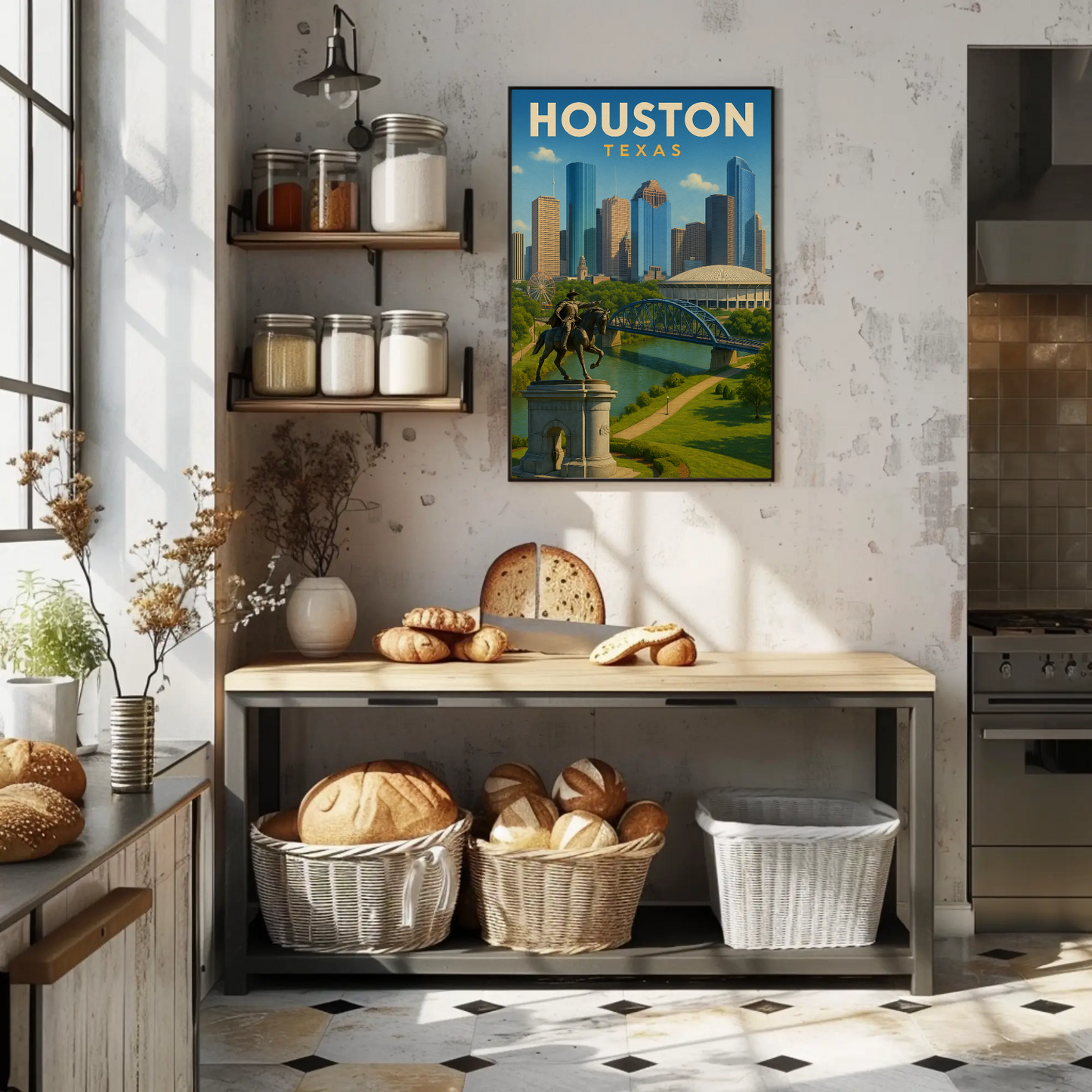 Houston Texas Skyline River Monument Vintage Travel Poster