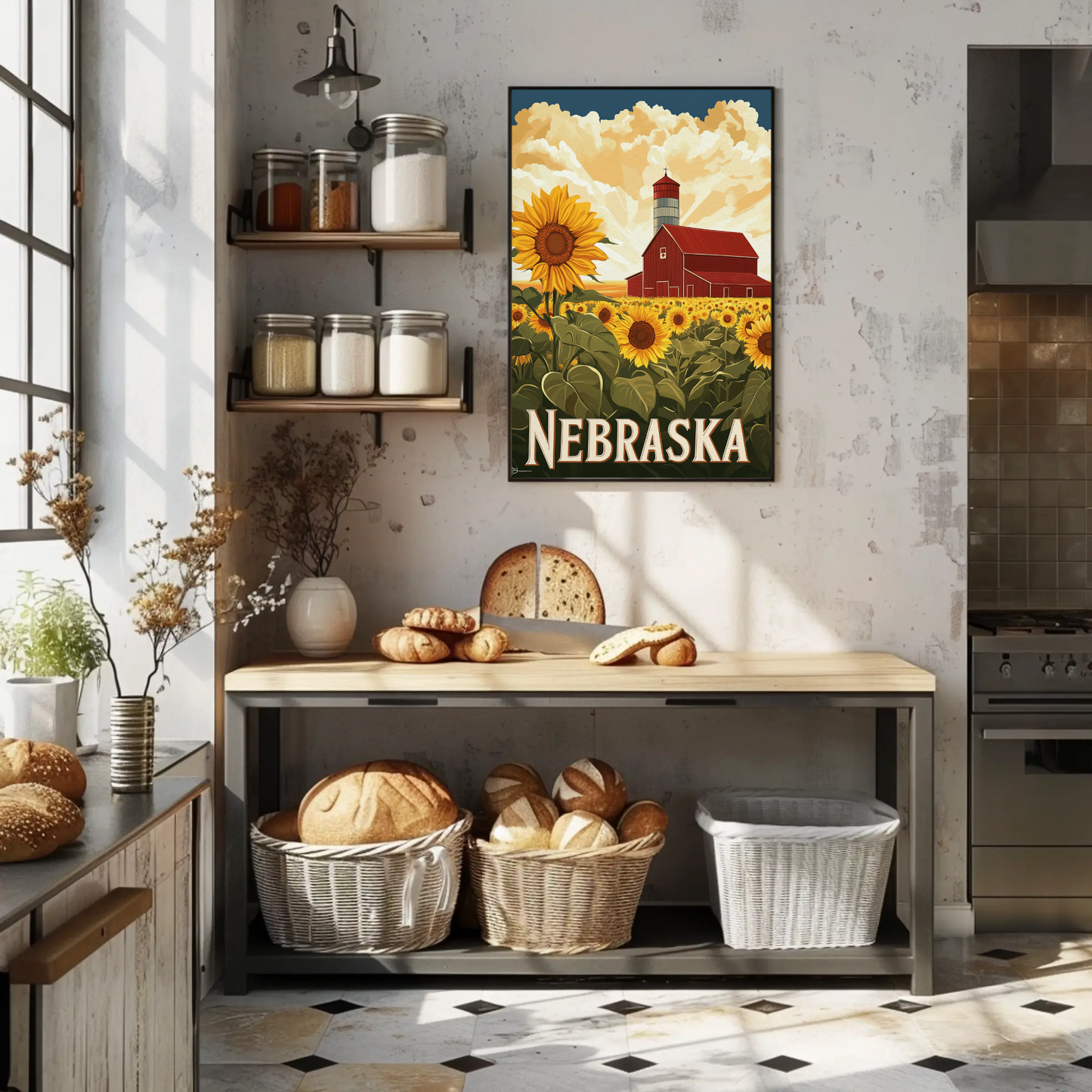 Nebraska Vintage Poster - Sunflower Barn