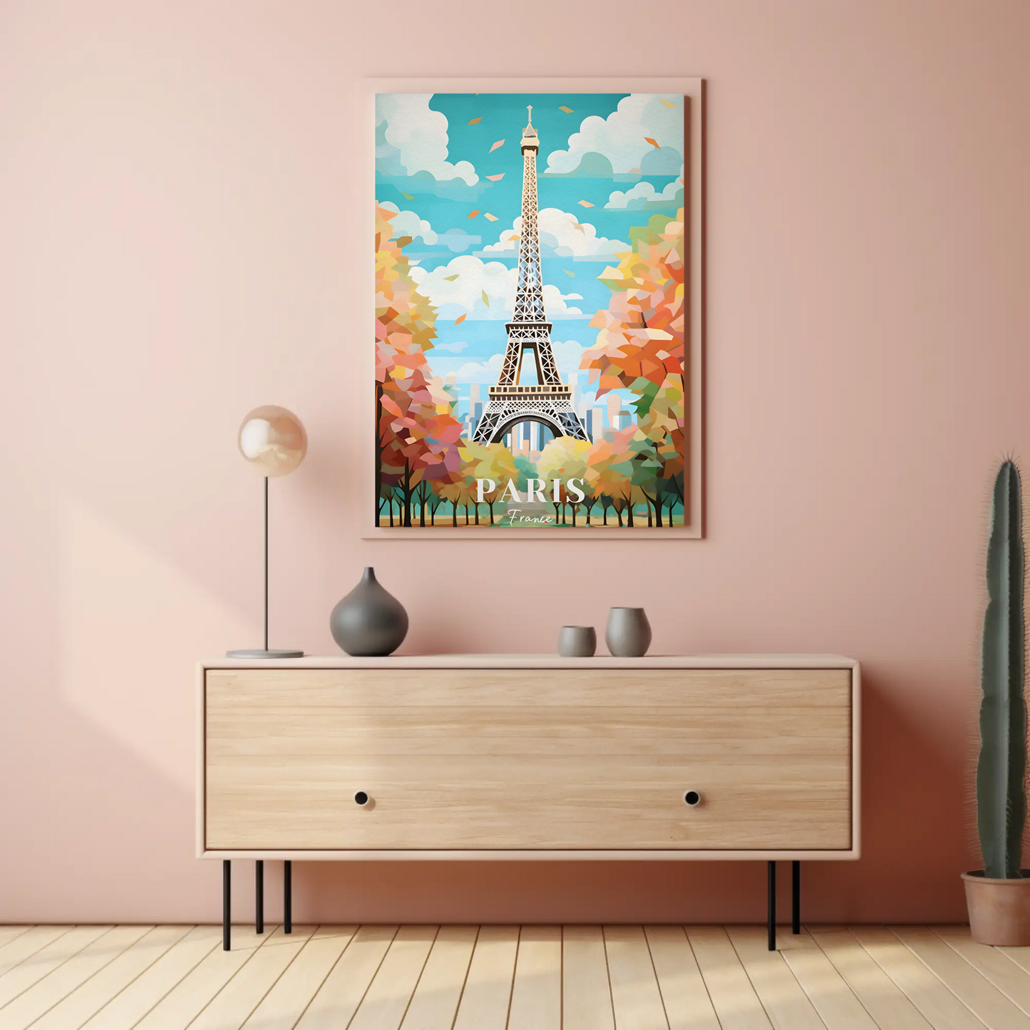 Paris France Eiffel Tower Autumn Leaves Vintage Travel Poster