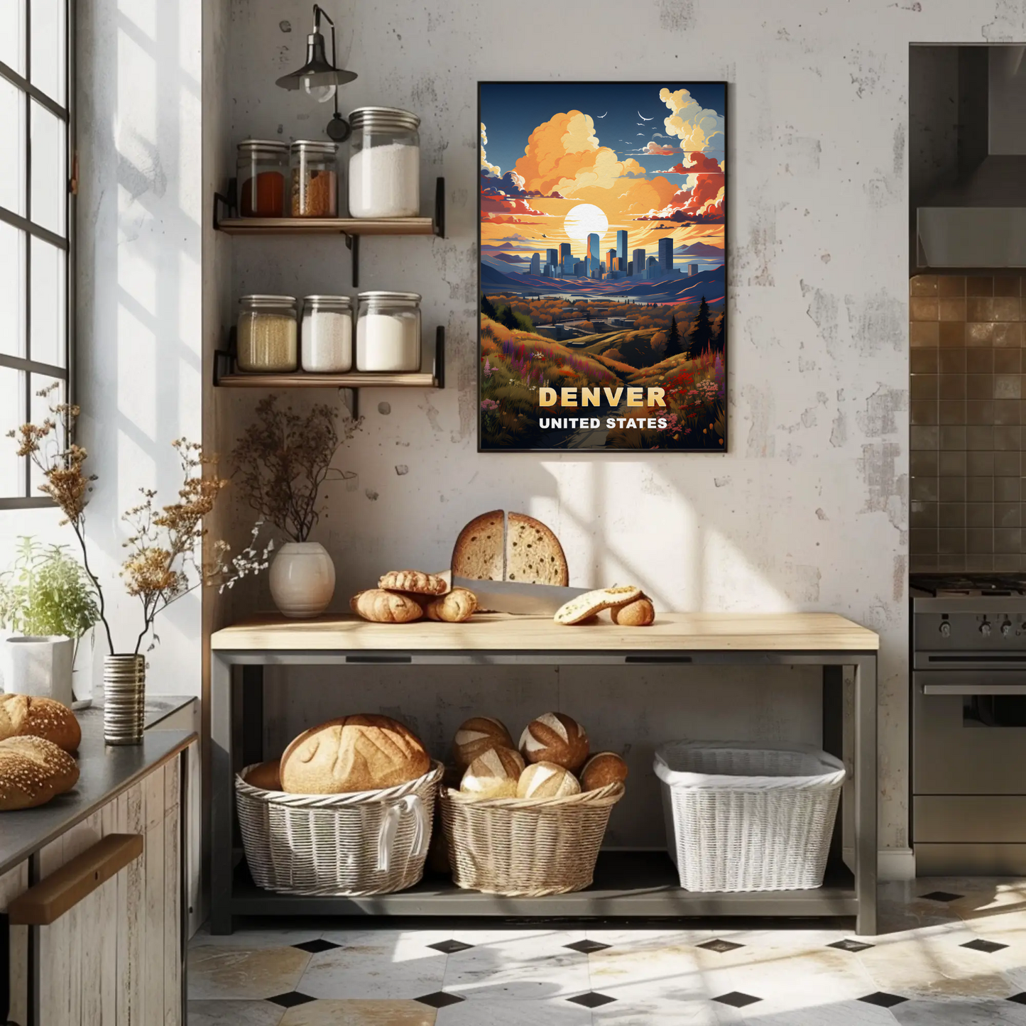 Denver Sunset Skyline Mountains Vintage Travel Poster