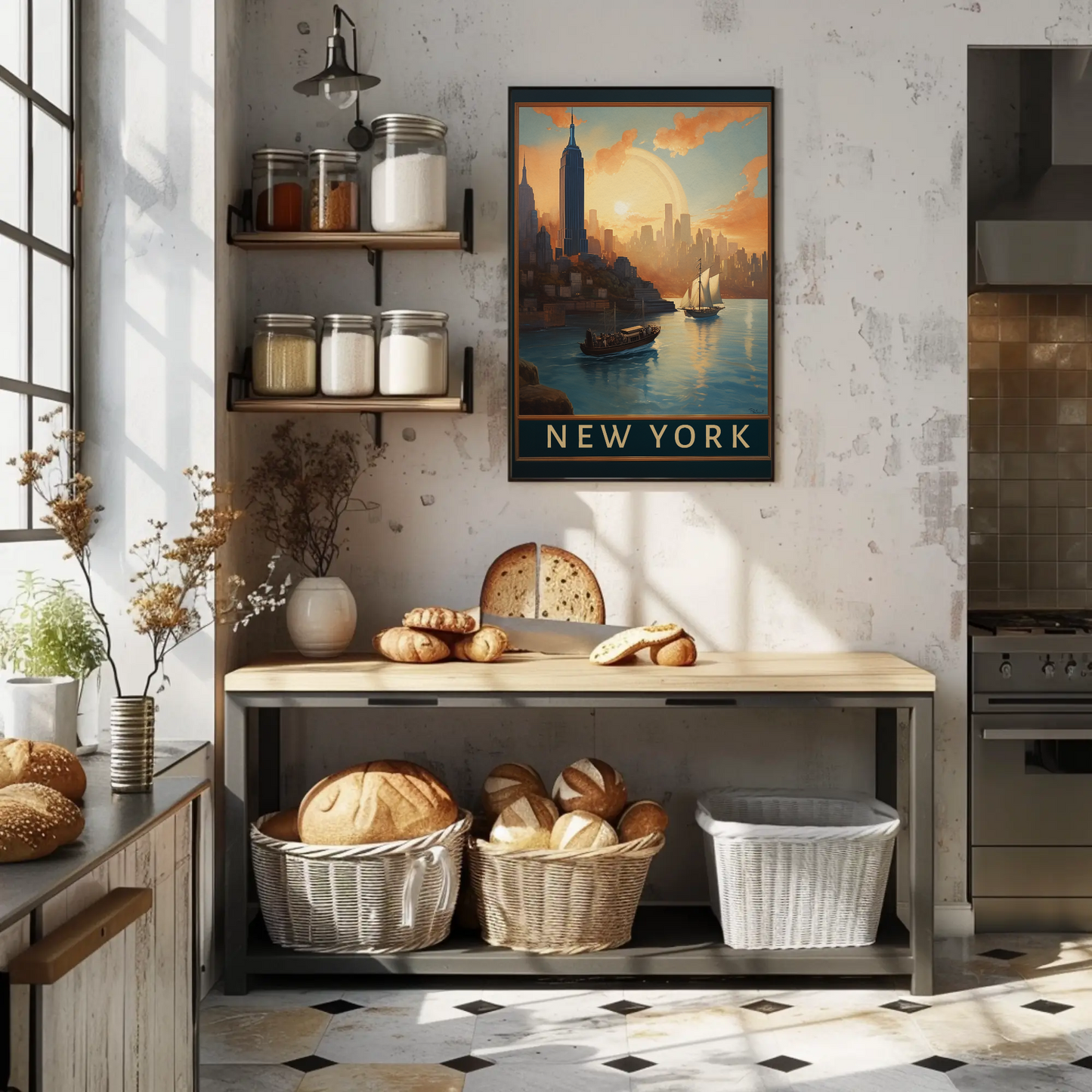 New York Harbor Sunset Vintage Travel Poster