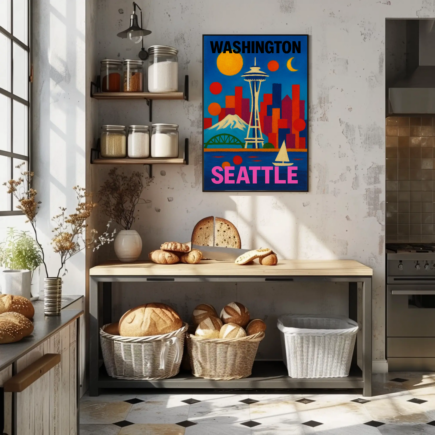 Washington Seattle Space Needle Mountains Sunset Vintage Travel Poster
