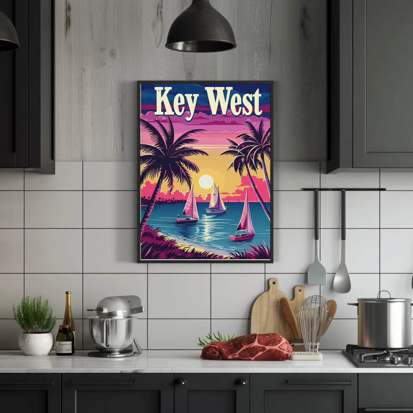 Key West Sailboats at Sunset Vintage Style Poster