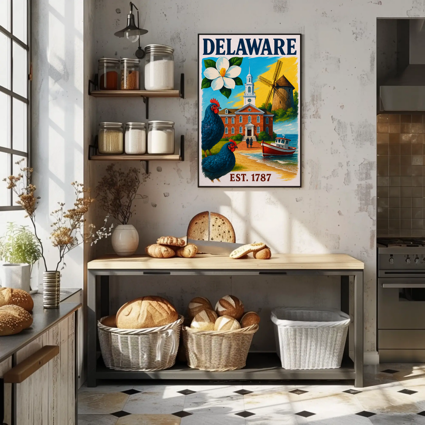 Delaware 1787 Poster With Windmill And Chickens Vintage Travel Poster