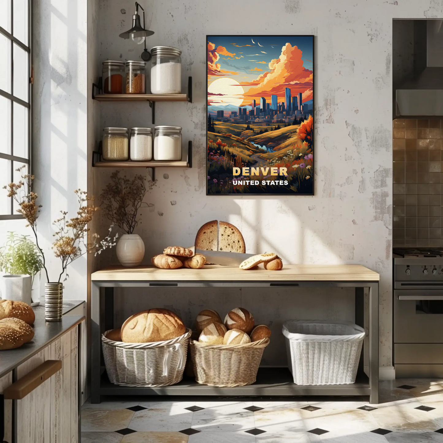 Denver Autumn Meadow Skyline Vintage Travel Poster