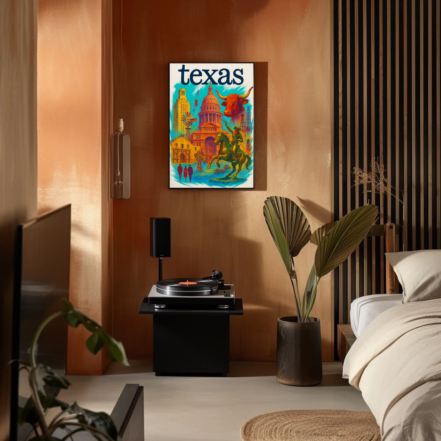 Texas Capitol Cowboy Longhorn Windmill History Vintage Travel Poster