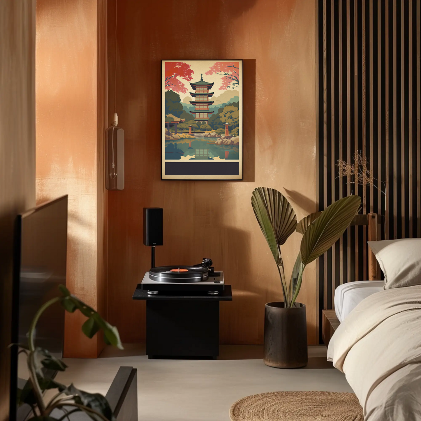 Japan Reflection Pagoda Lake Autumn Vintage Travel Poster