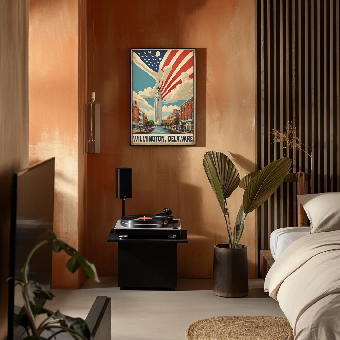 Wilmington Delaware Tower And Flag Streetscape Vintage Travel Poster