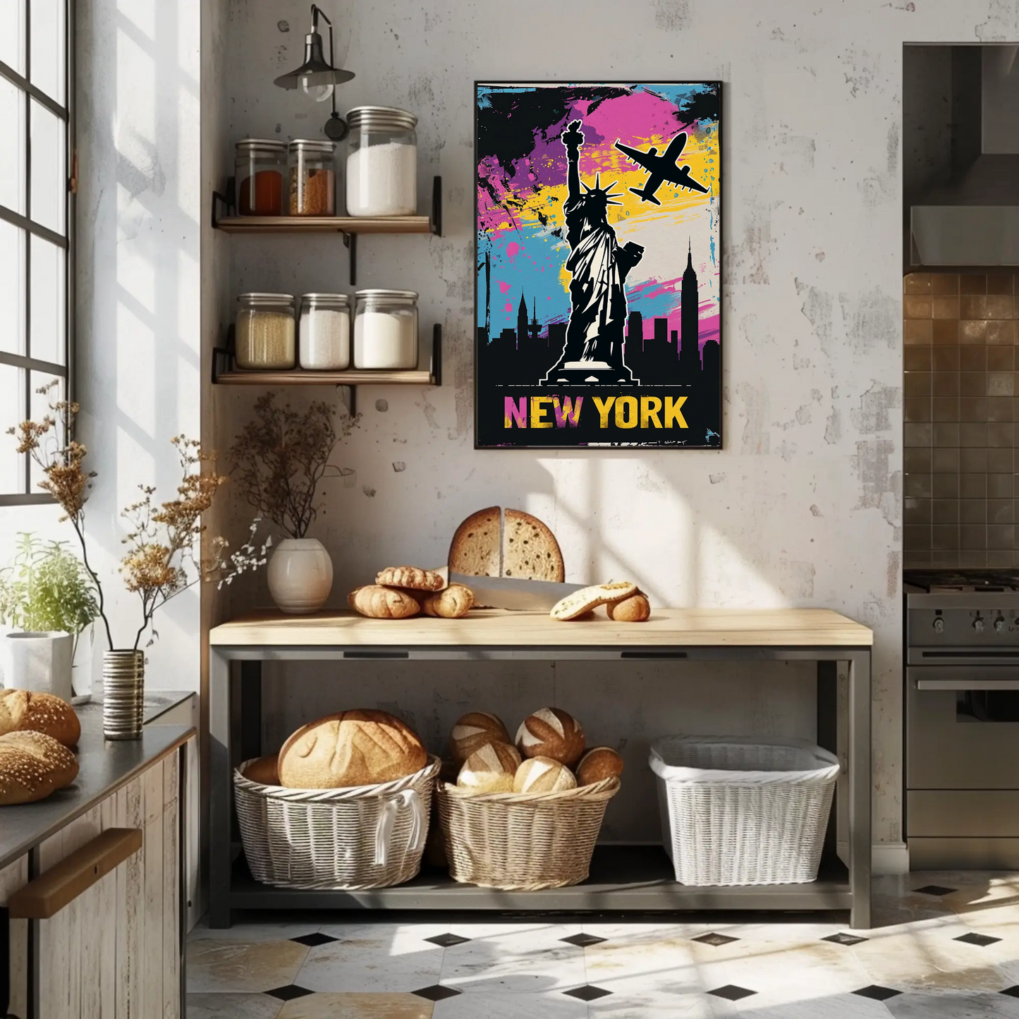 New York Skyline and Statue of Liberty Vintage Style Poster