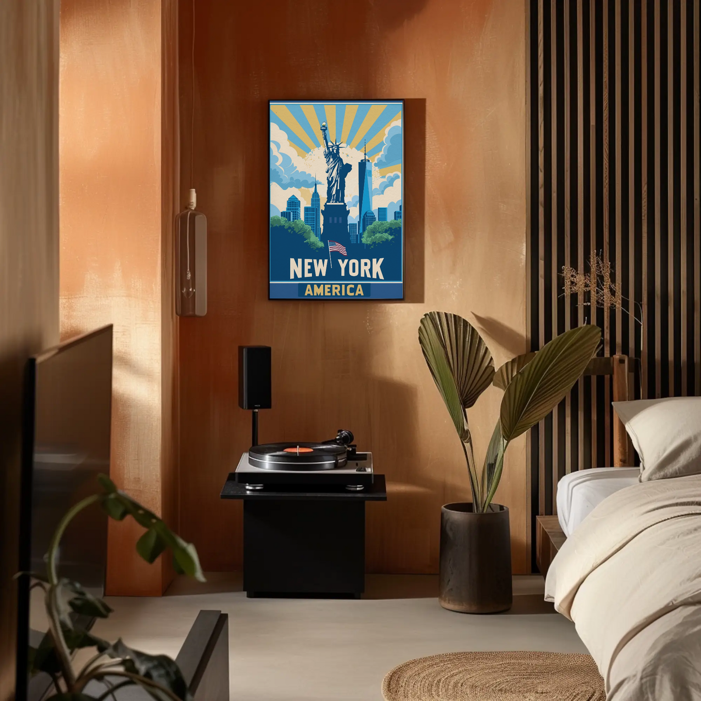 New York America Skyline Liberty Sunrise Vintage Travel Poster